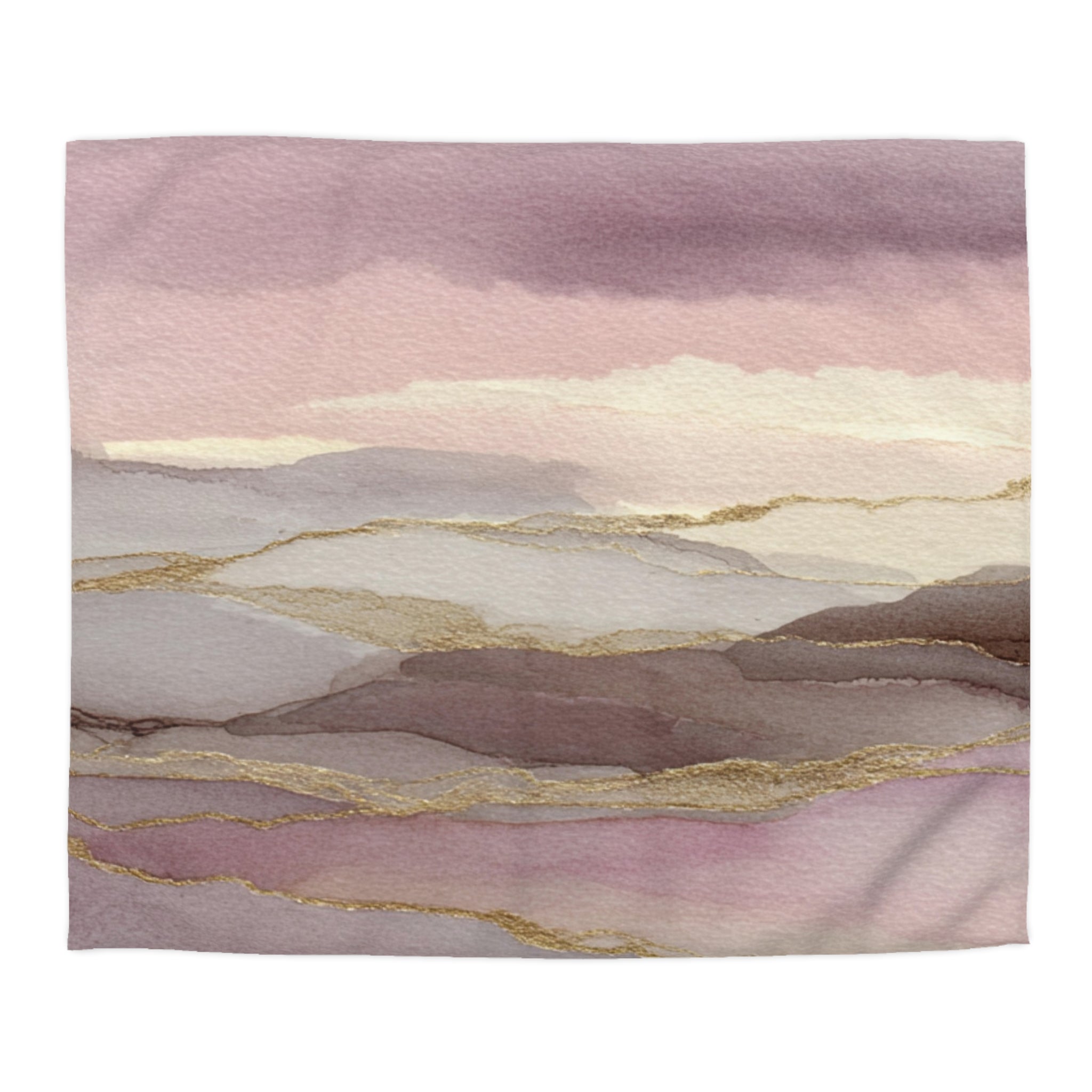 The image is a watercolor painting depicting a landscape with a gradient of pink and purple hues, with gold lines adding texture and depth to the scene.