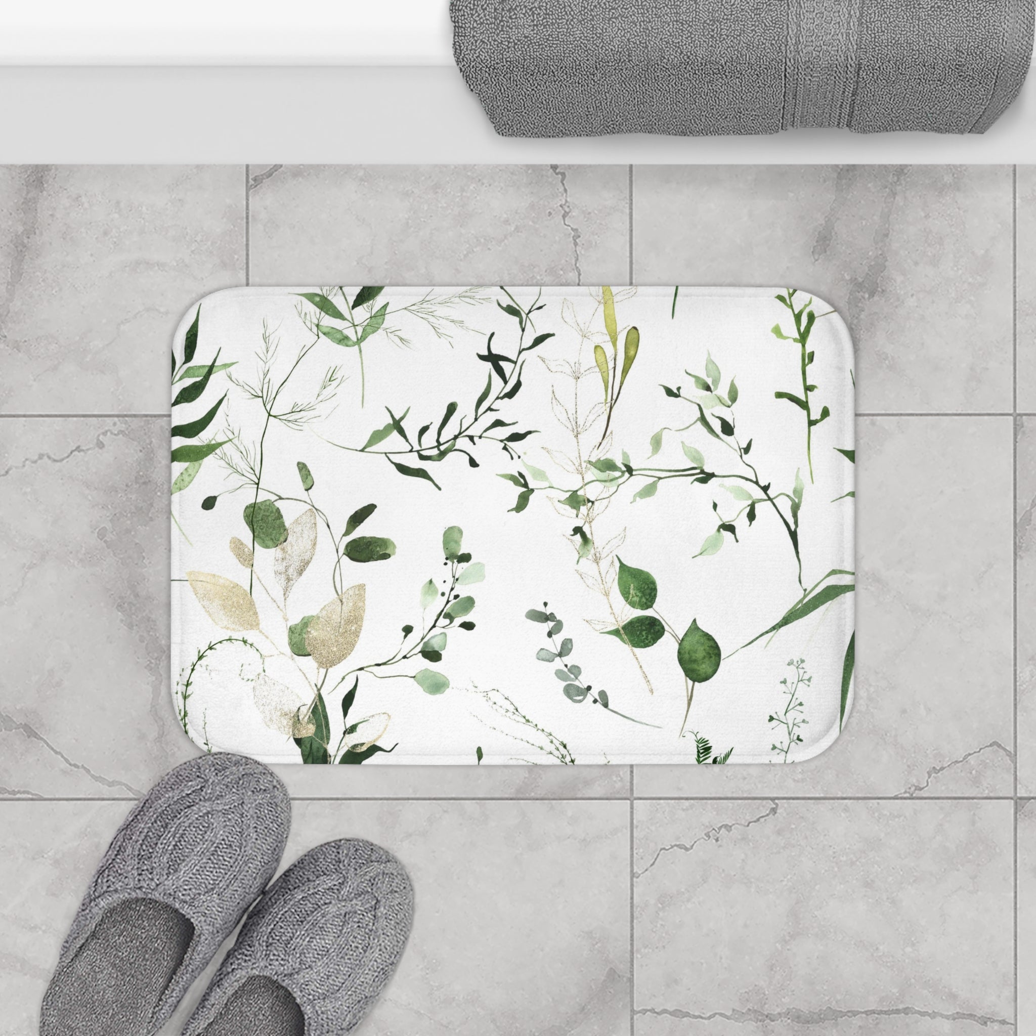 Floral Boho Bath, Kitchen Mat, Rug | Watercolor White Forest Green Leaves