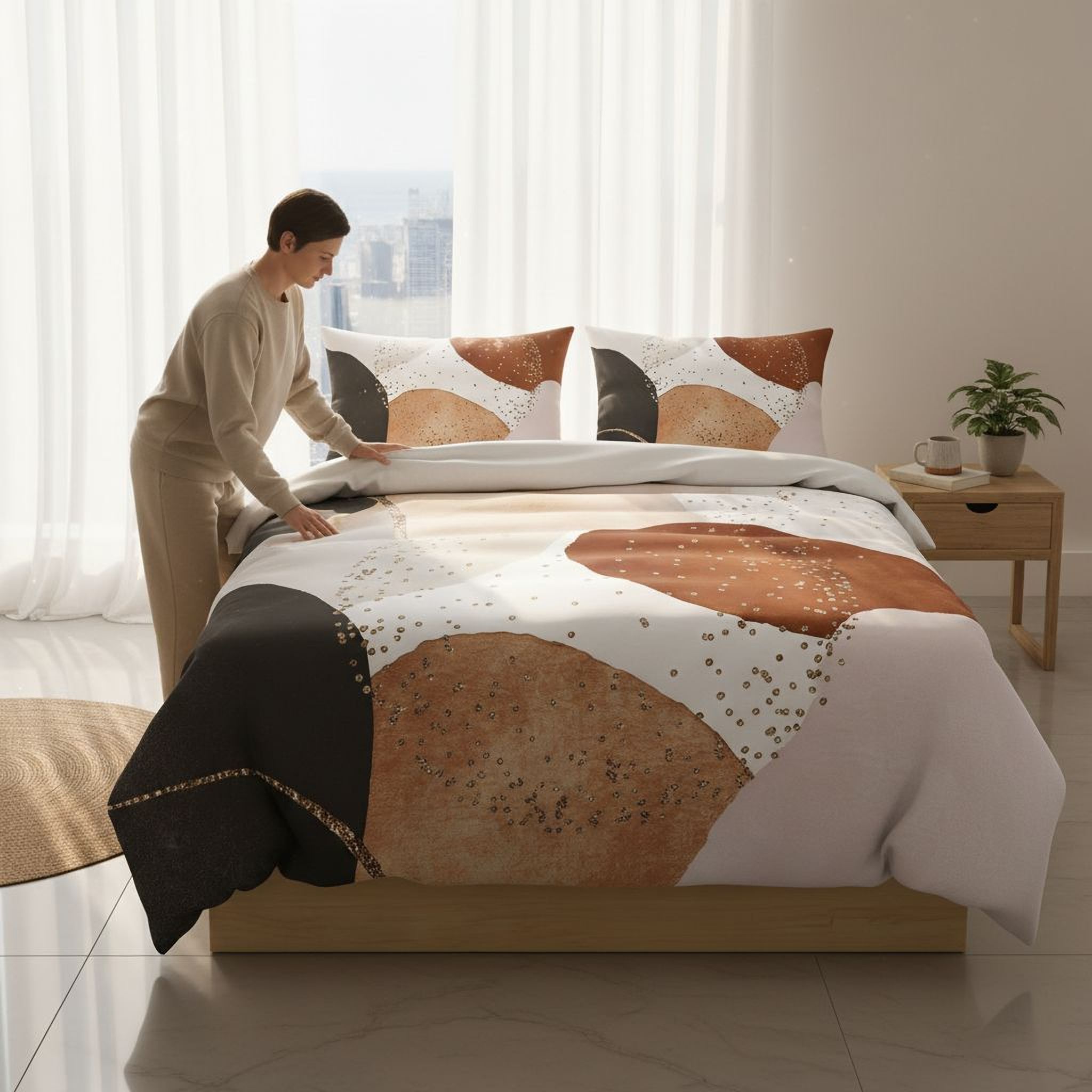 A person is arranging a bed with a colorful, abstract-patterned comforter and pillows.