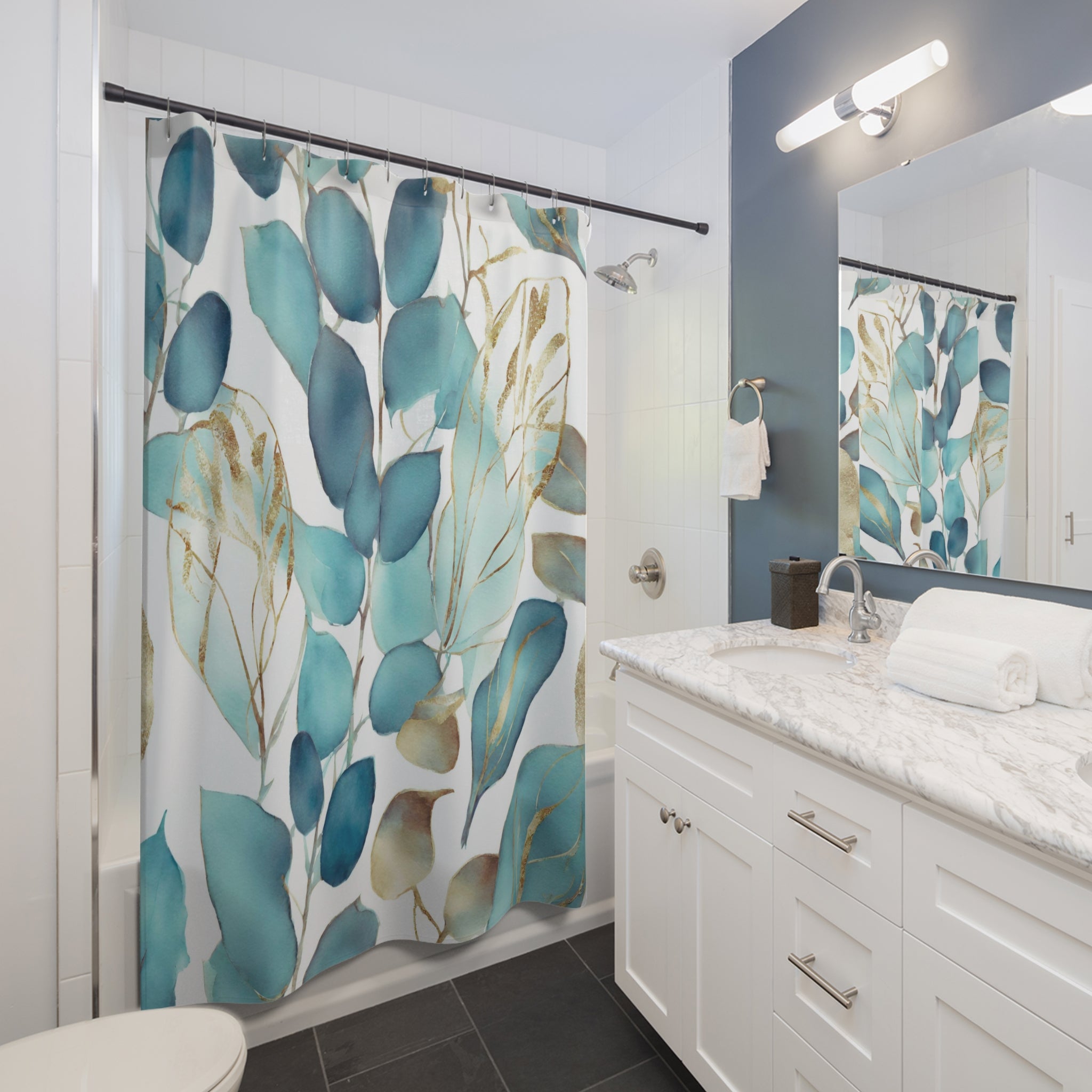 Floral Shower Curtain | Teal Blue Green Leaves Bathroom Decor