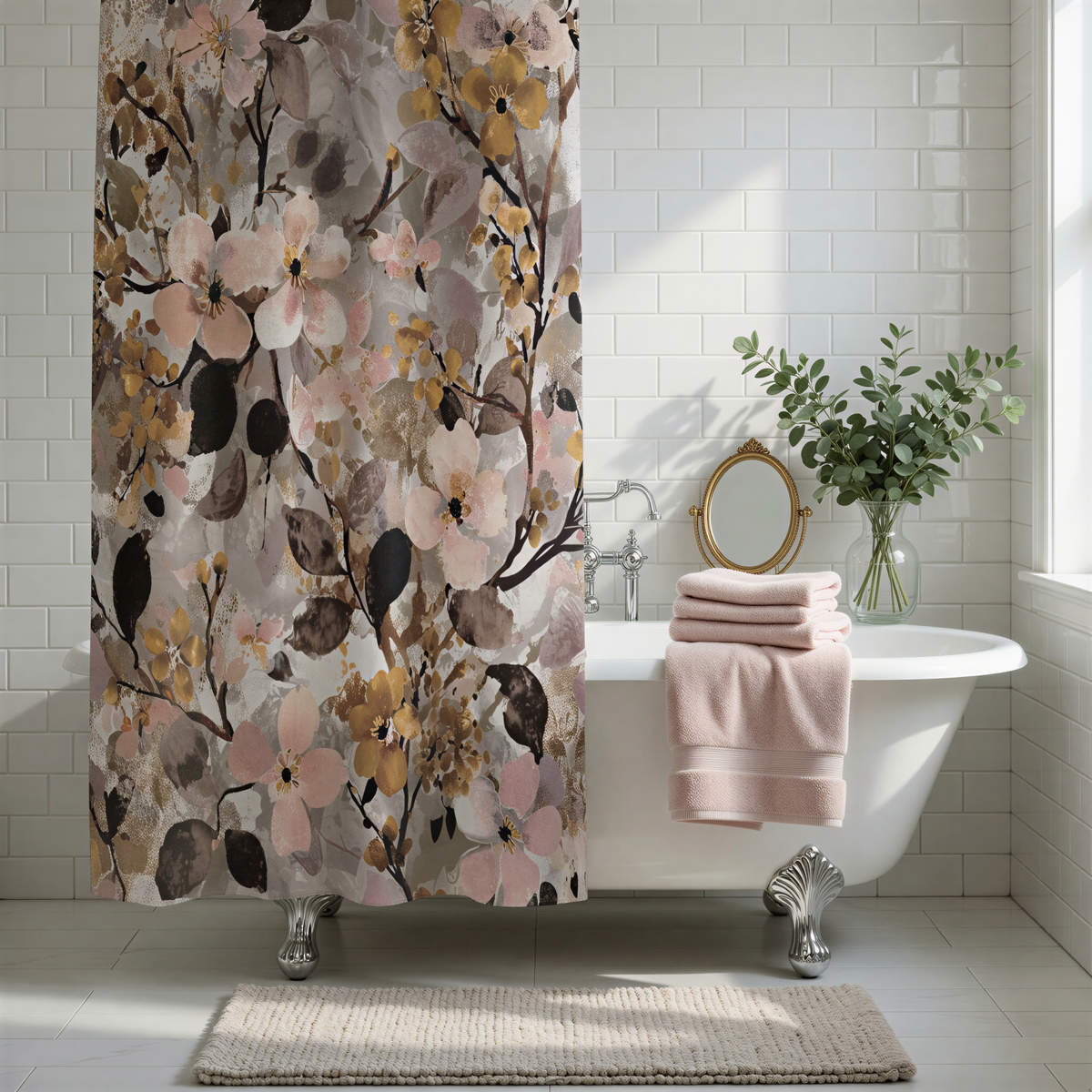 a bathroom with a white clawfoot bathtub, a floral shower curtain, and a mirror above it. The bathroom has white tiles on the walls and a window above the bathtub.