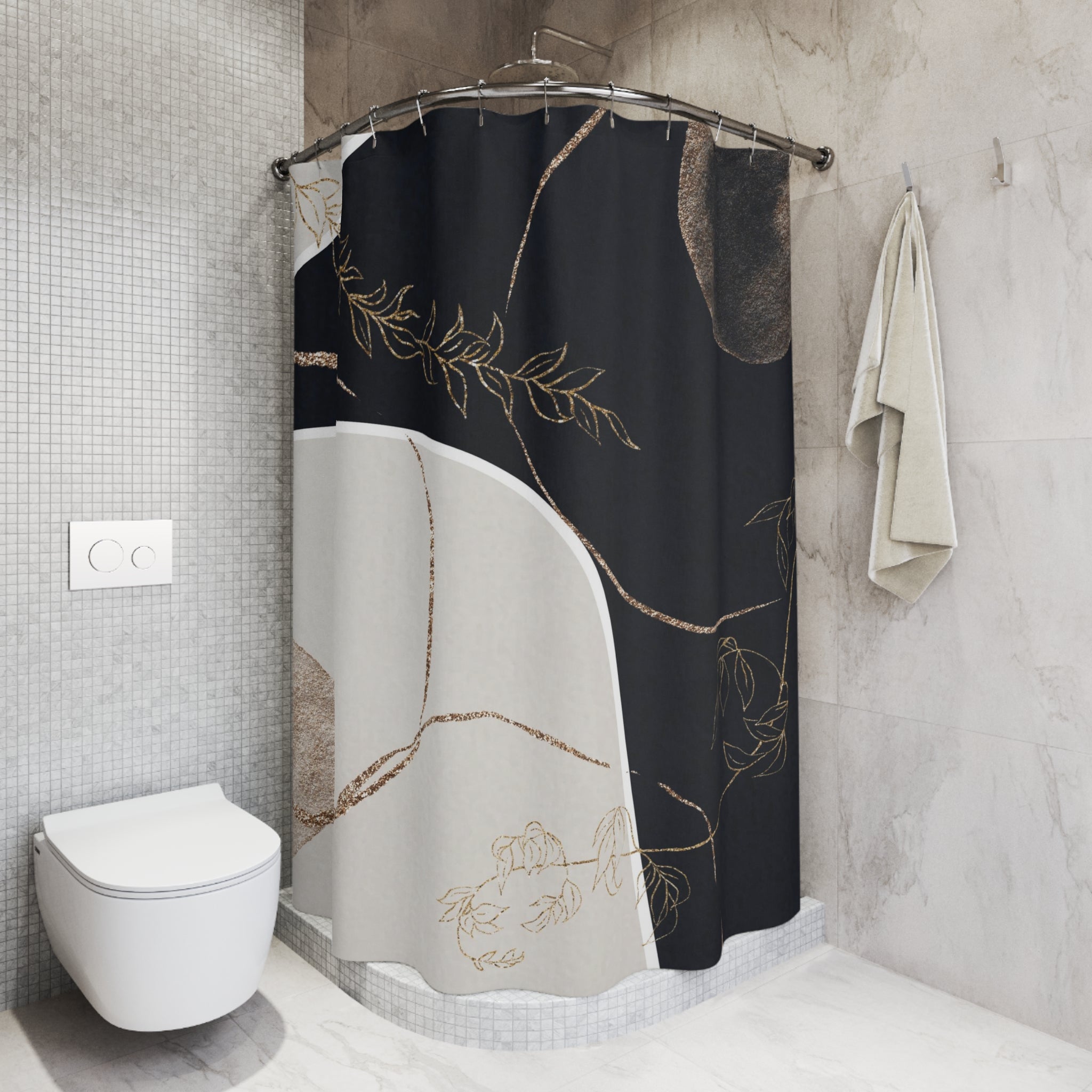 Boho Abstract Art Shower Curtain | Muted Gold Beige Black Line Art