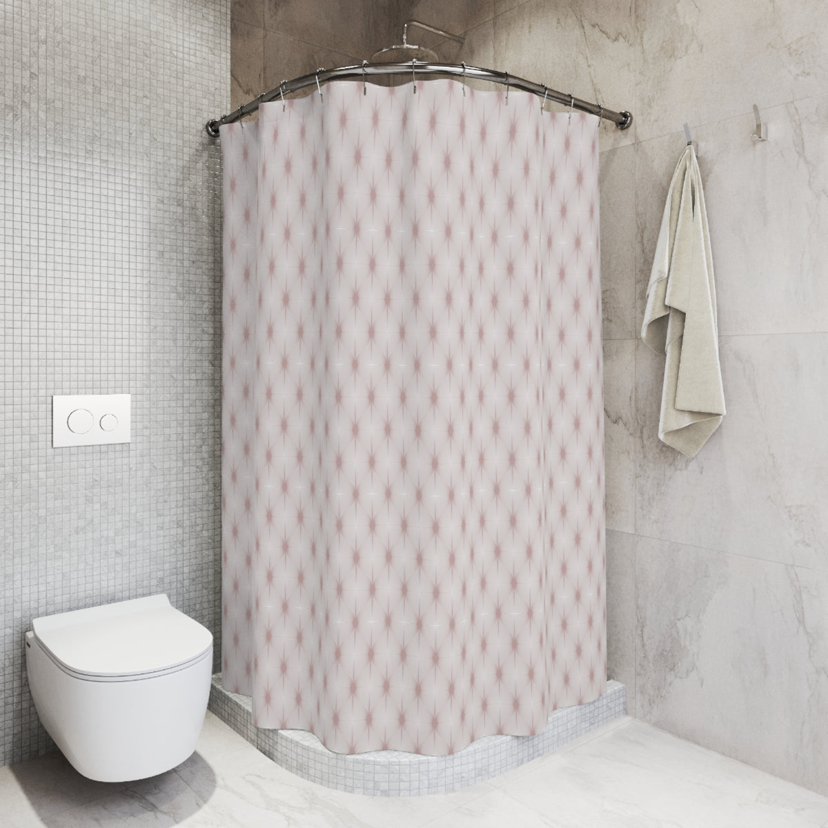 a modern bathroom with a shower curtain featuring a pink and white pattern, a white toilet, and a towel rack with a towel hanging on it.