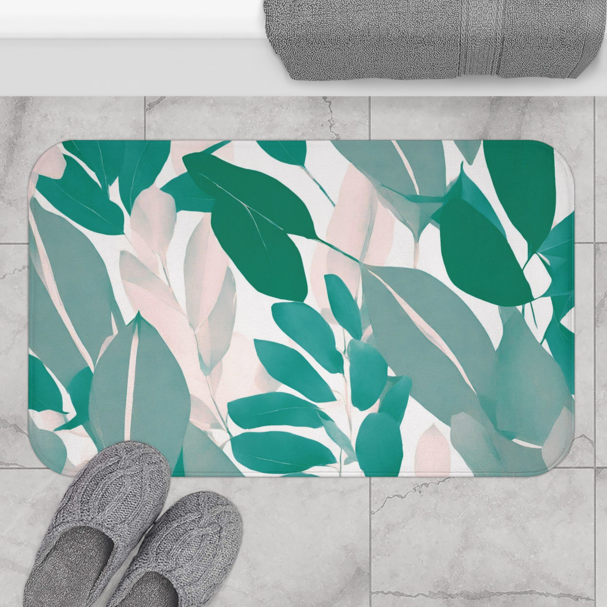 Kitchen, Bath Mat | Floral Sage Teal Green, Blush Pink