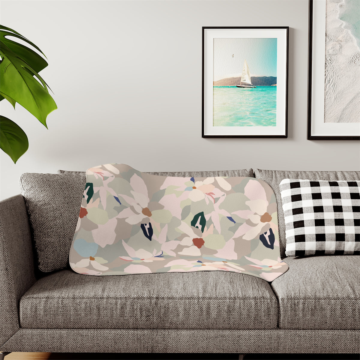 Blush Beige Abstract Petal Sherpa Blanket | Modern Floral Throw