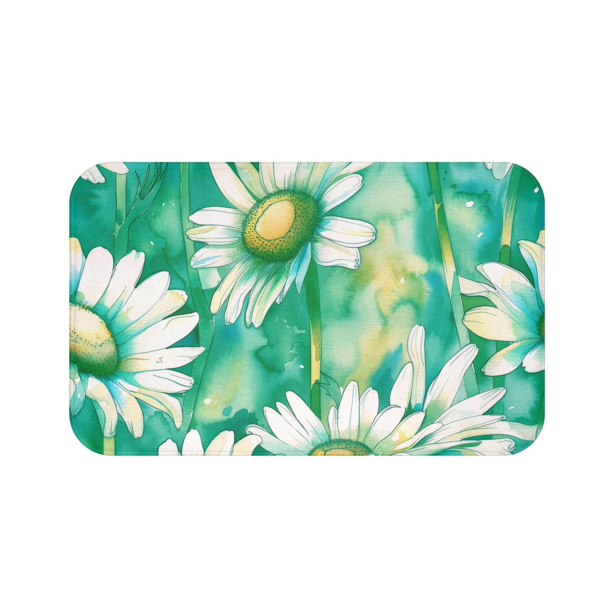 Boho Kitchen, Bath Mat | FloralTeal Sage Green, Daisies Floor Mat