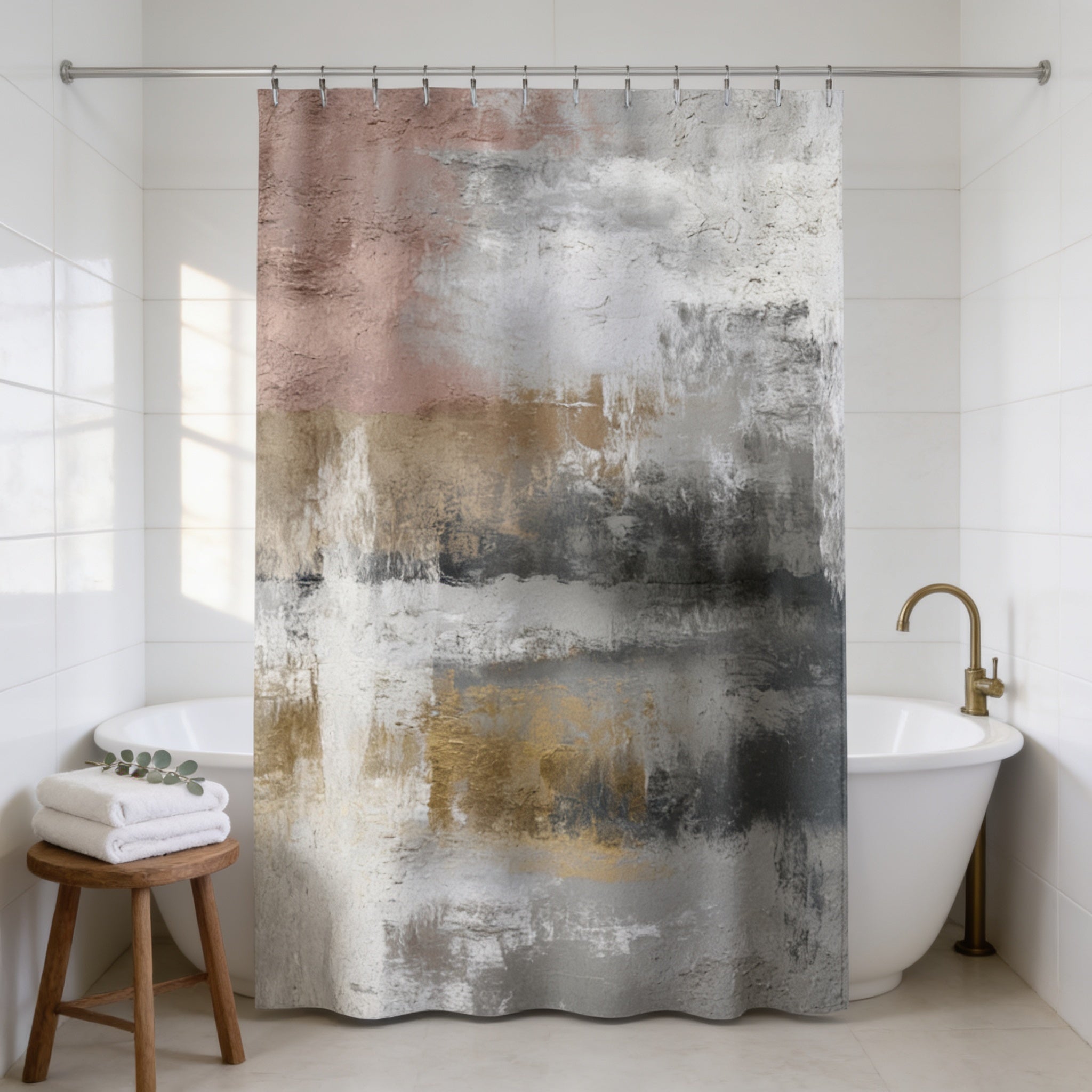 a bathroom with a white bathtub and a wooden stool. The shower curtain has a colorful abstract design in shades of pink, gray, and white.