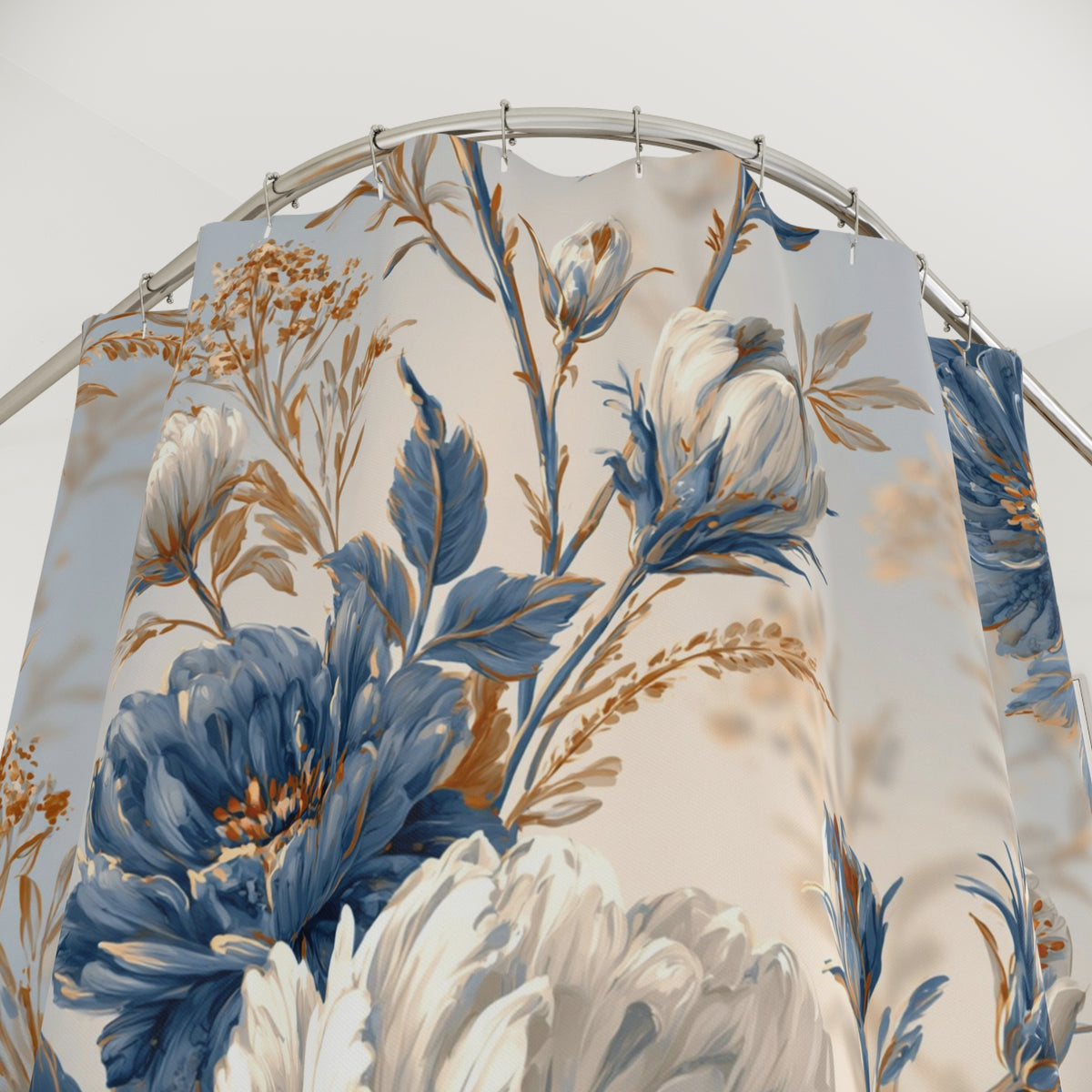 Blue Ivory Toile Floral Shower Curtain, Bath Curtain 71x74