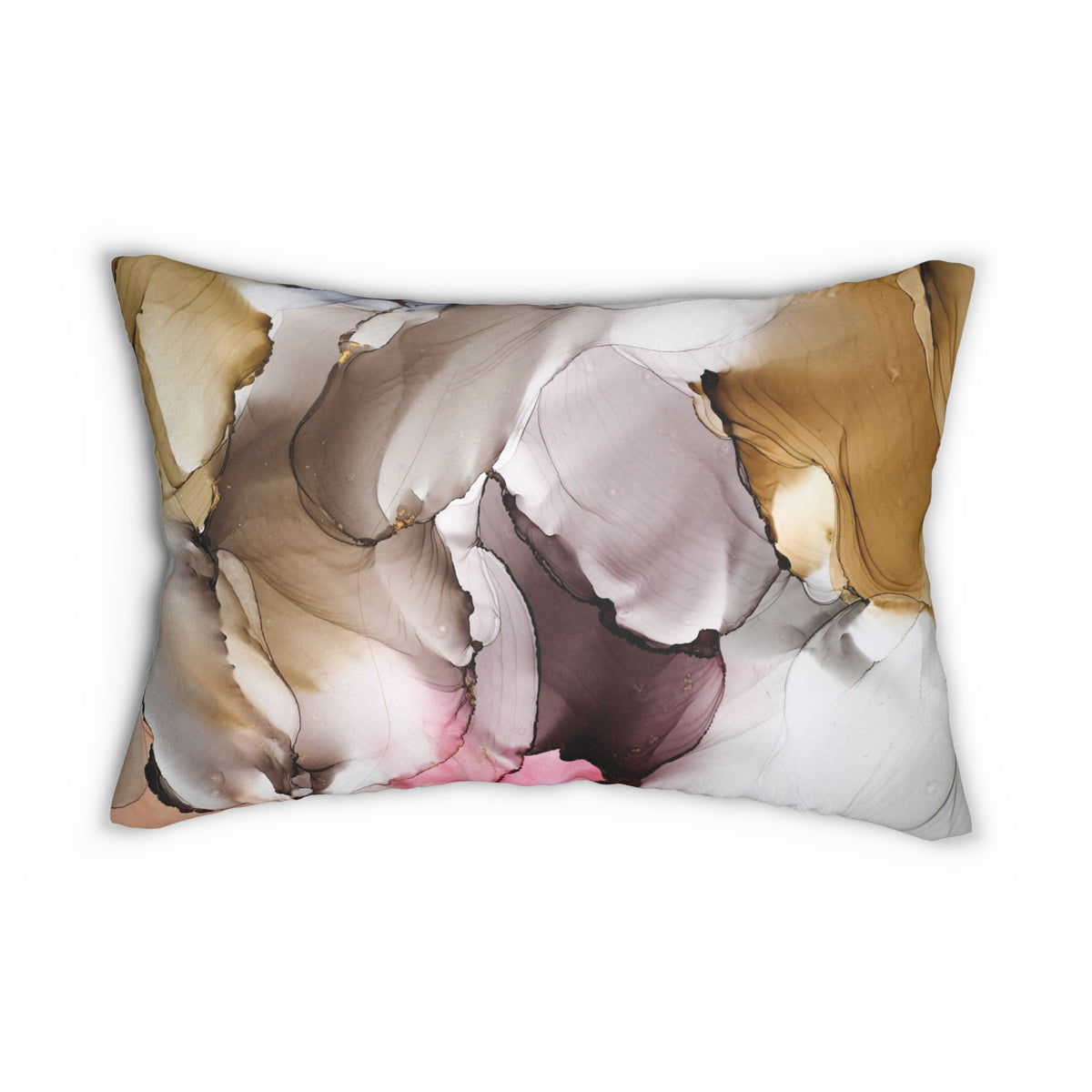 Mustard Taupe Pink Abstract Alcohol Ink Lumbar Pillow