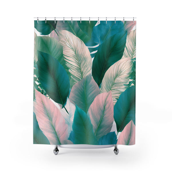 Boho Floral Shower Curtain | Forest Green, Blush Pink, Beige Leaves