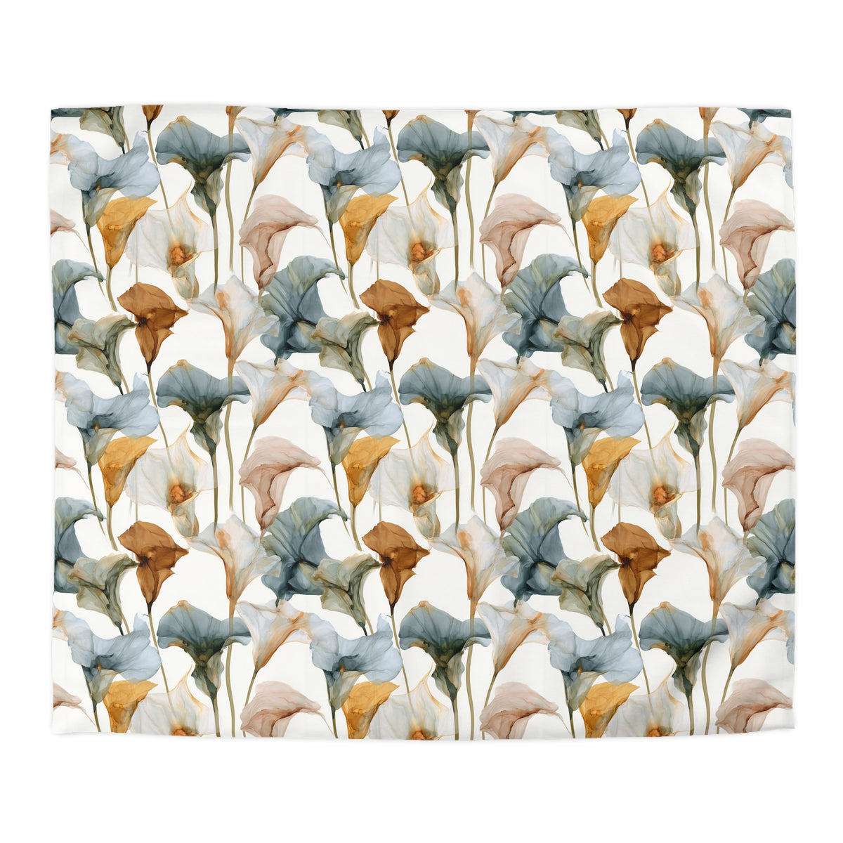 a repeating pattern of colorful flowers in shades of blue, green, and orange.