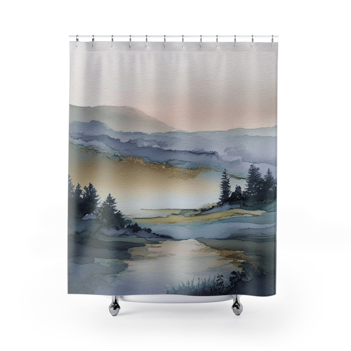 a watercolor painting of a serene landscape with mountains, trees, and a body of water.