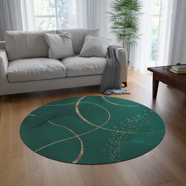 Round Boho Area Rug | Modern Green, Muted Gold Watercolor