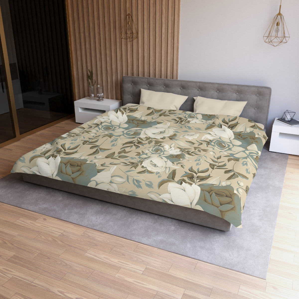 a modern bedroom with a large bed covered in a floral print comforter. The bed is positioned against a wall with a wooden paneling. The room also features a nightstand, a pendant light, and a mirror.