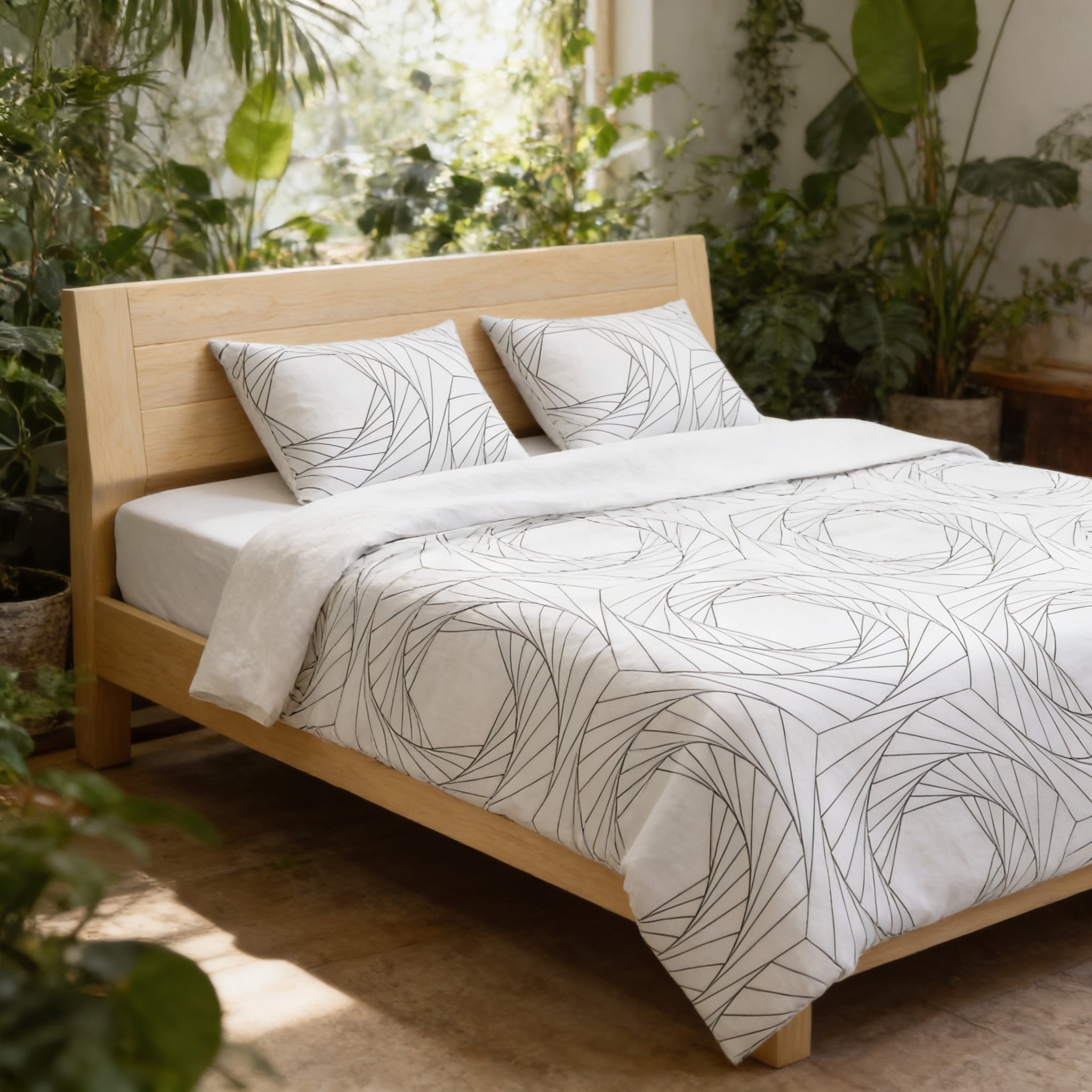a cozy bedroom with a wooden bed frame, a white and black geometric patterned comforter, and a wooden headboard. The room is filled with lush greenery, including several potted plants, creating a serene and natural atmosphere.