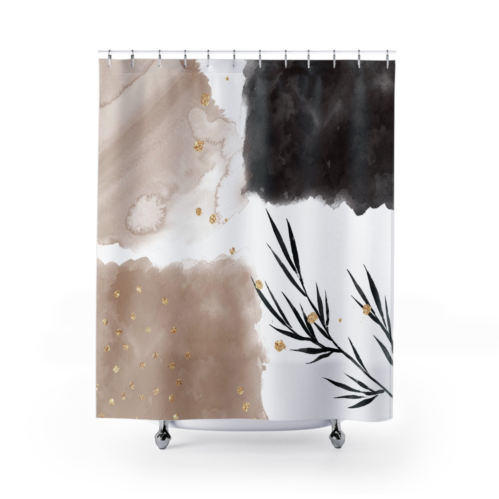 a shower curtain with a black and white design