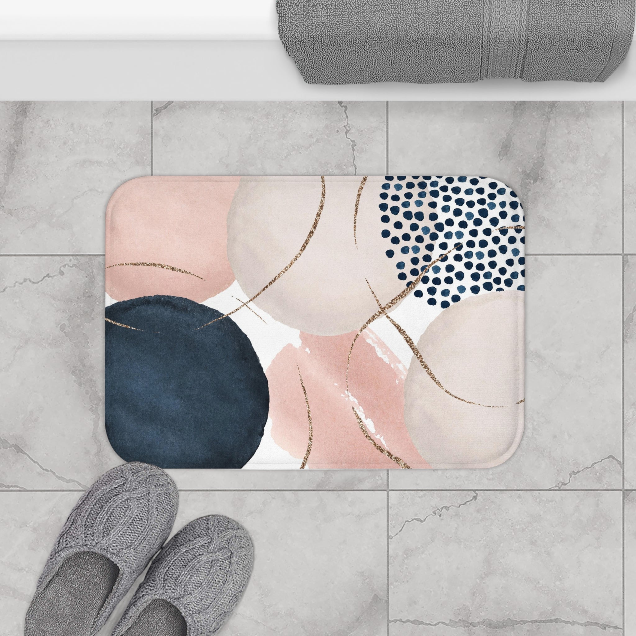 Abstract Bath Mat | Watercolor Navy Blue, Blush Pink