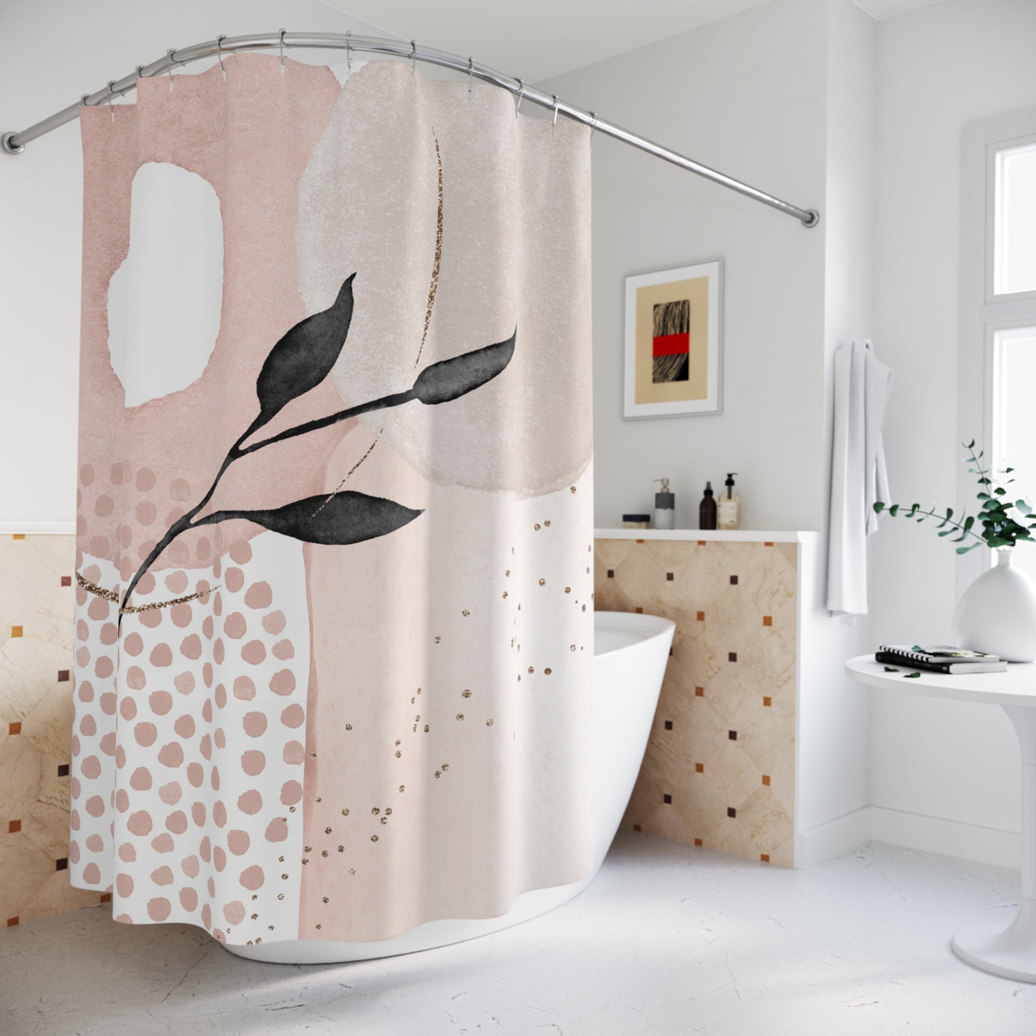 Boho Abstract Shower Curtain | Blush Pink, Grey Black Leaf