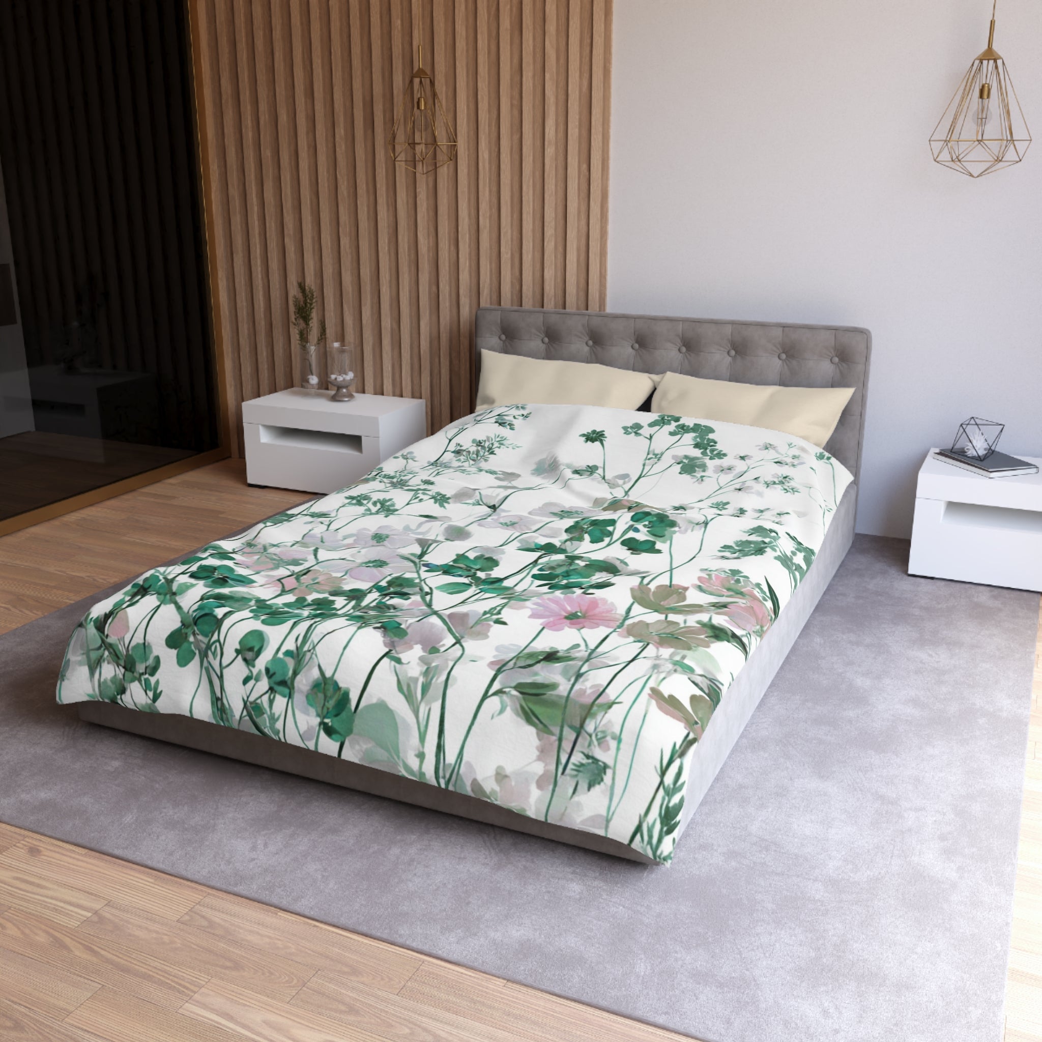 Floral Modern Duvet, Pillow Cover | White Green Bedroom Decor