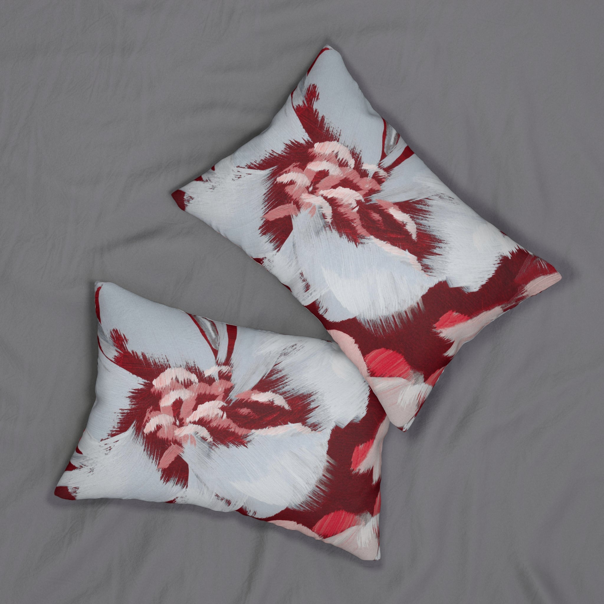 Abstract Floral Lumbar Pillow | Grey, Red Acrylic Paint Print