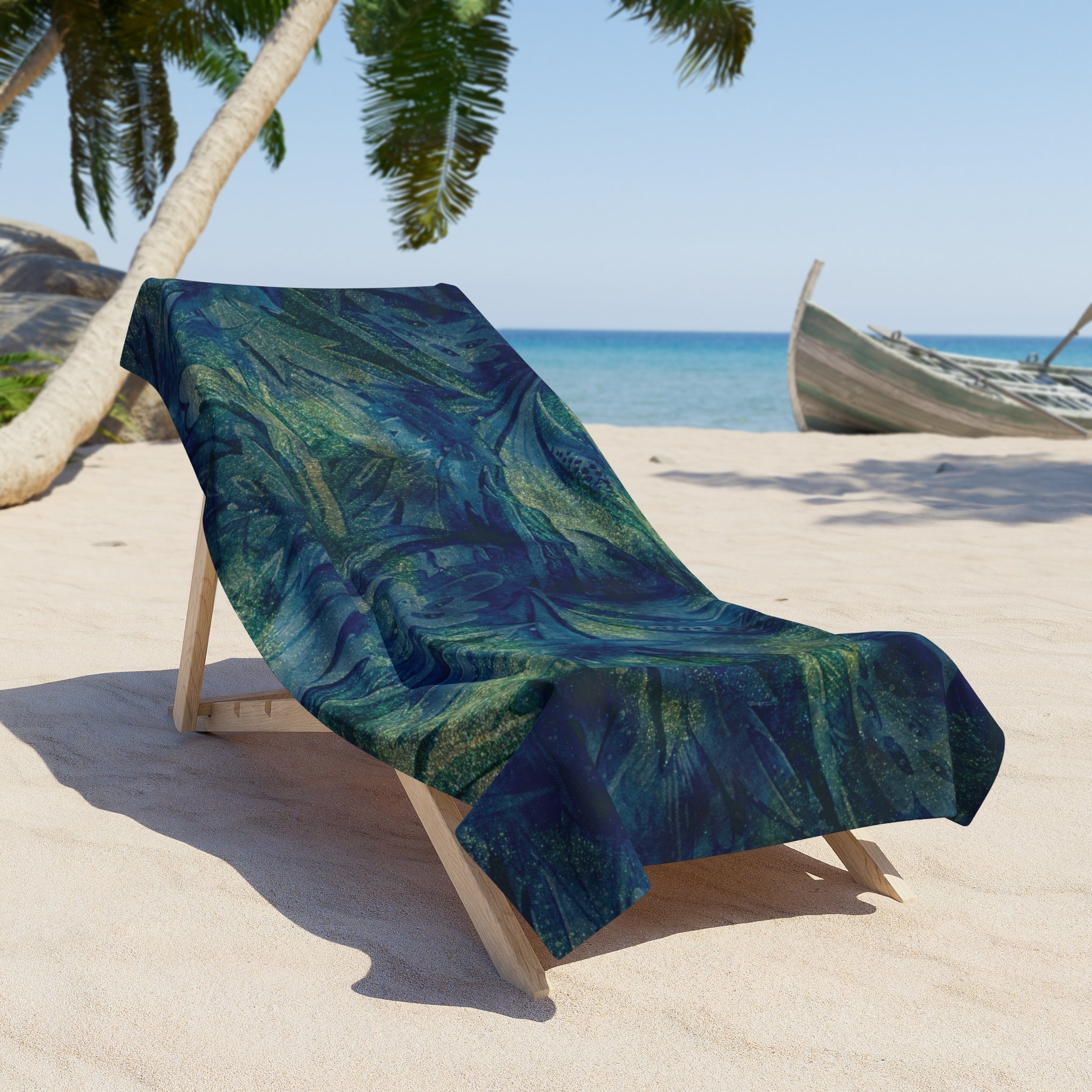 Abstract Boho Bath Beach Towel | Peacock Navy Blue, Green