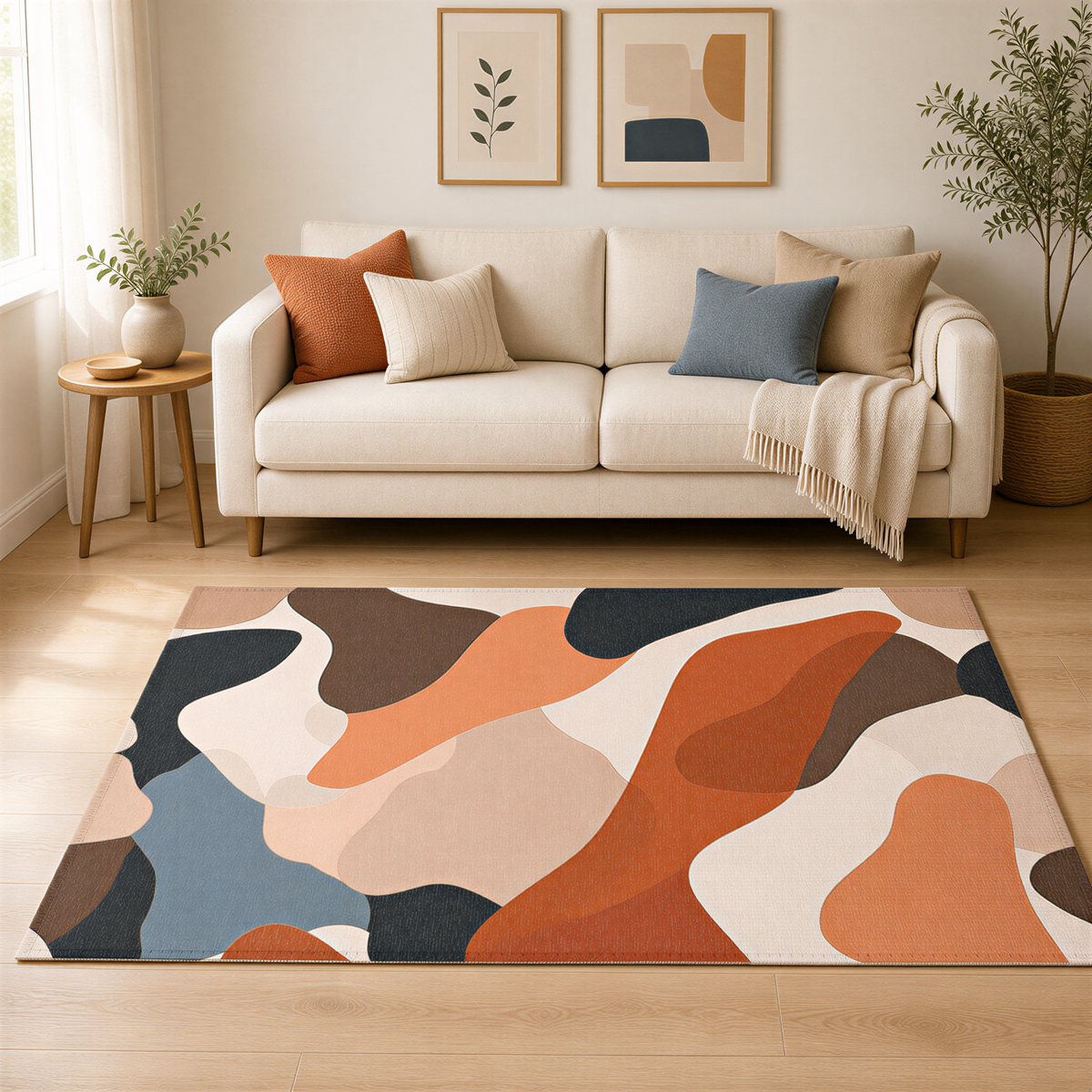 a cozy living room with a beige sofa, a colorful abstract rug, and two framed artworks on the wall.