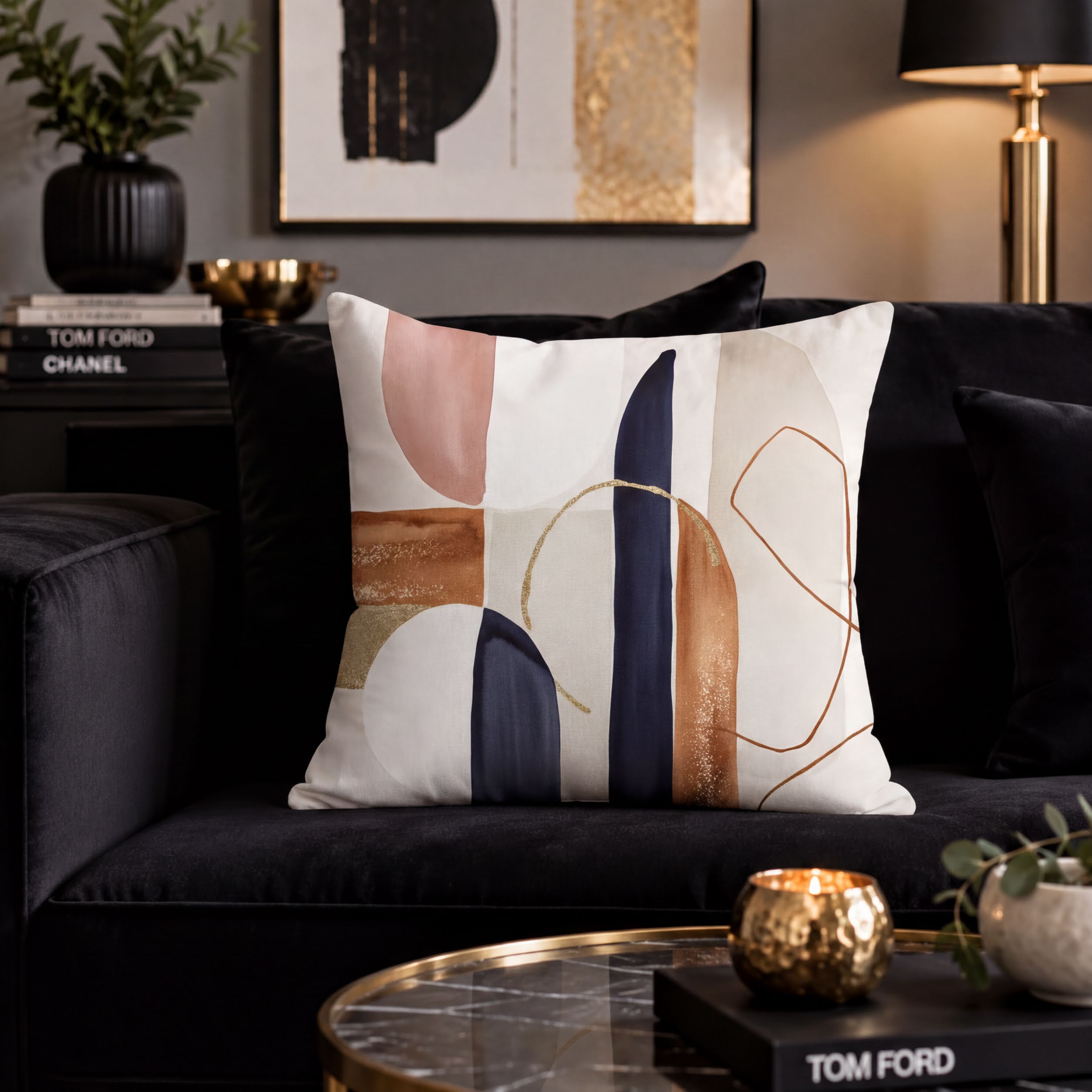 a living room with a black couch, a white throw pillow with abstract geometric patterns, and a glass coffee table with a gold candle and a plant.