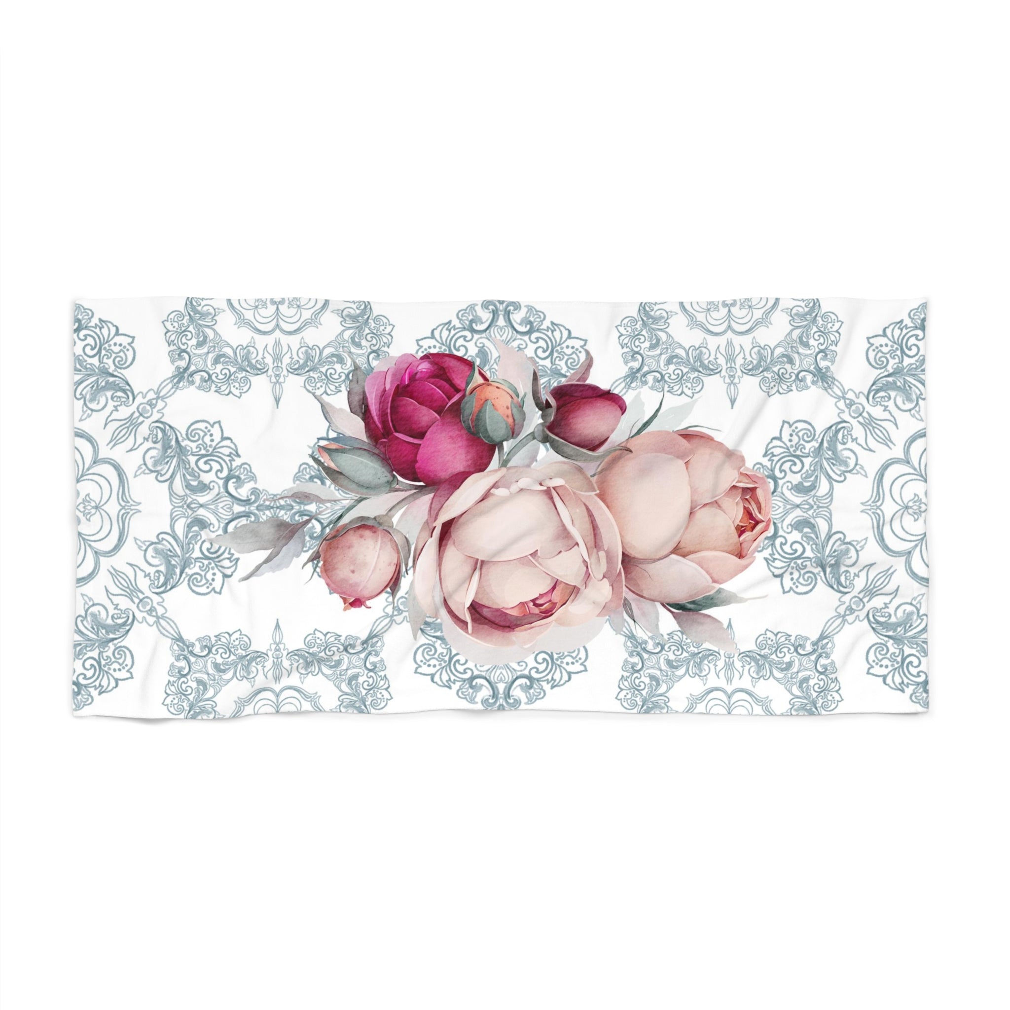 Bath Beach Towel | Floral, Amalfi Coast, Blue White, Tiles, Pink Peonies