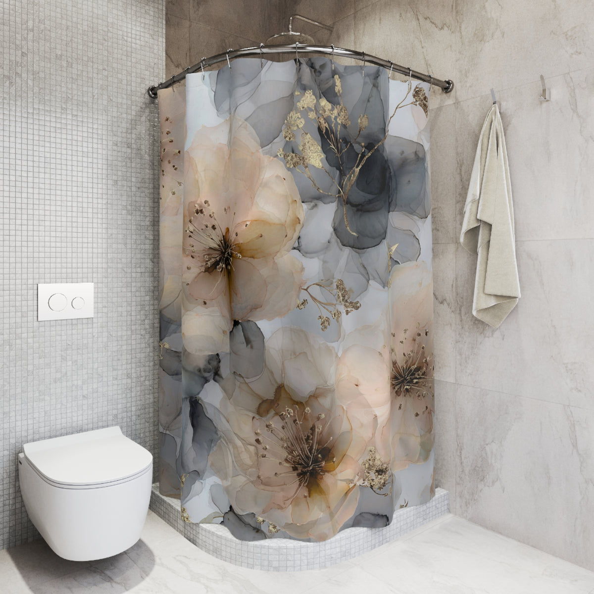 a bathroom with a shower curtain adorned with a floral pattern in shades of gray and beige. The shower curtain is hanging on a rod next to a towel. The bathroom also includes a toilet and a sink.