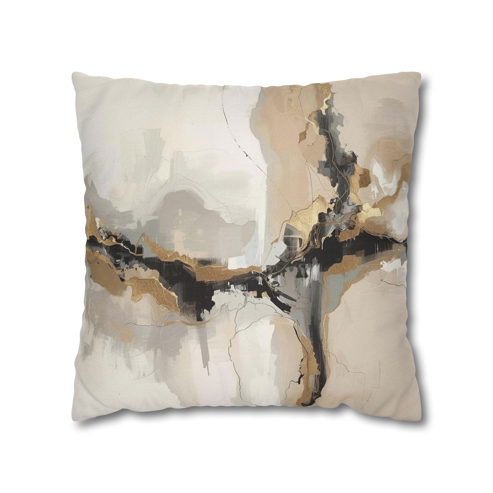 The image is a square throw pillow with an abstract art design featuring a mix of black, white, and gold colors.