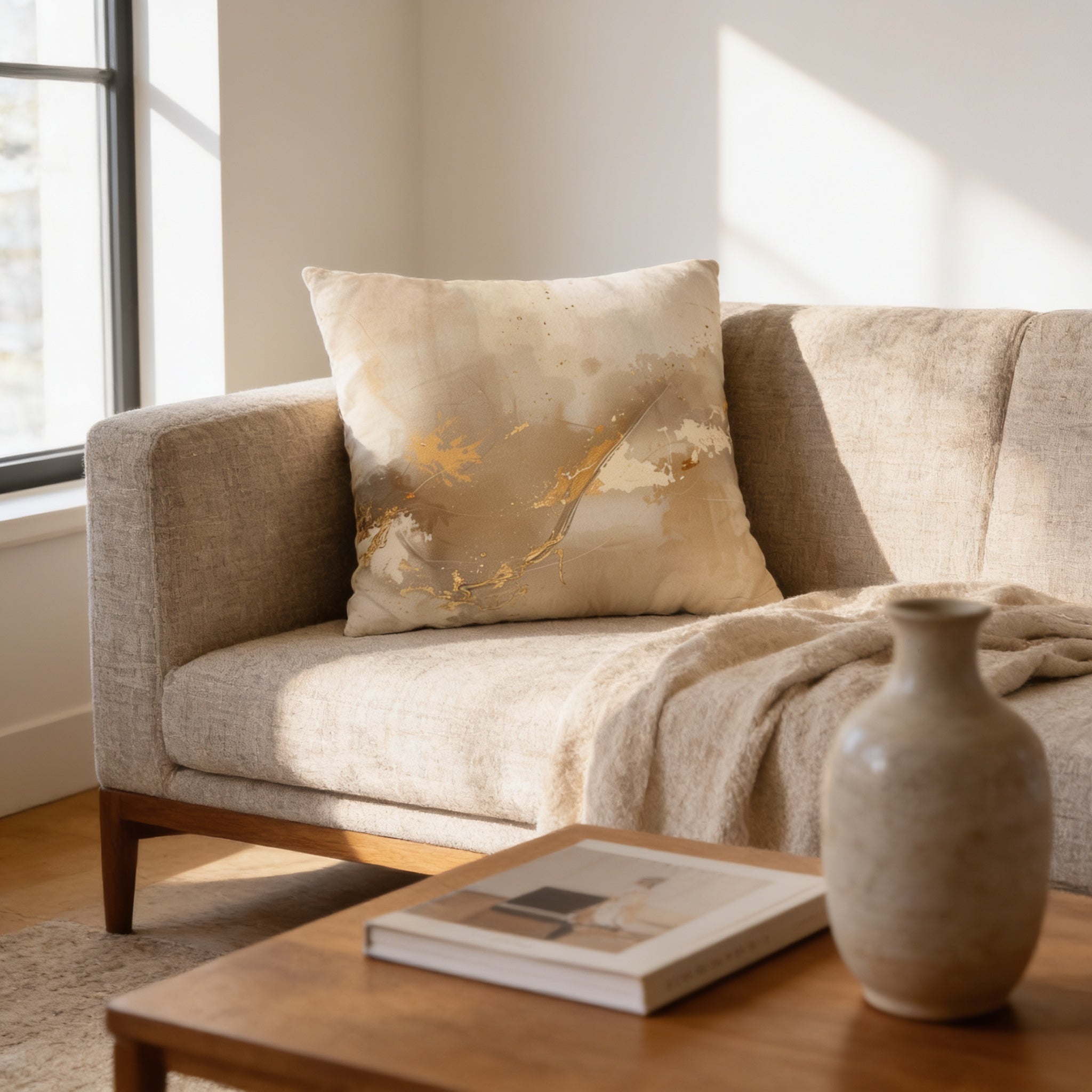 a cozy living room with a beige sofa, a wooden coffee table, and a decorative vase. A pillow with a gold leaf design is placed on the sofa, and a book is resting on the coffee table.
