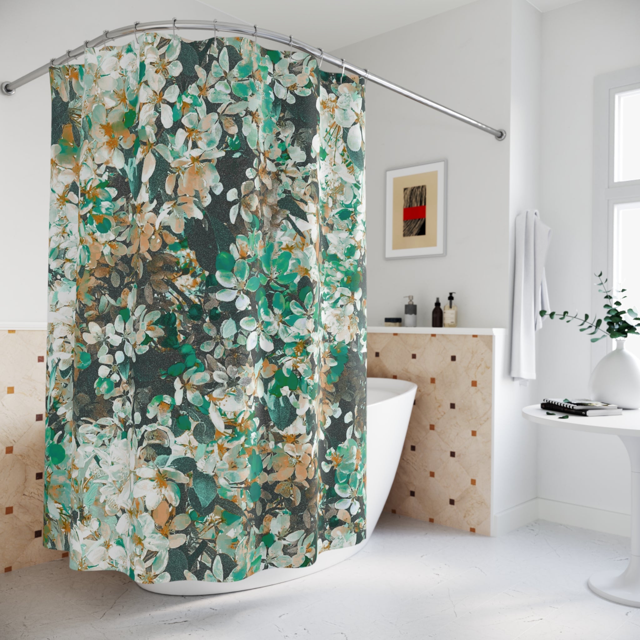 Floral Shower Curtain | Green White Beige Bathroom Decor