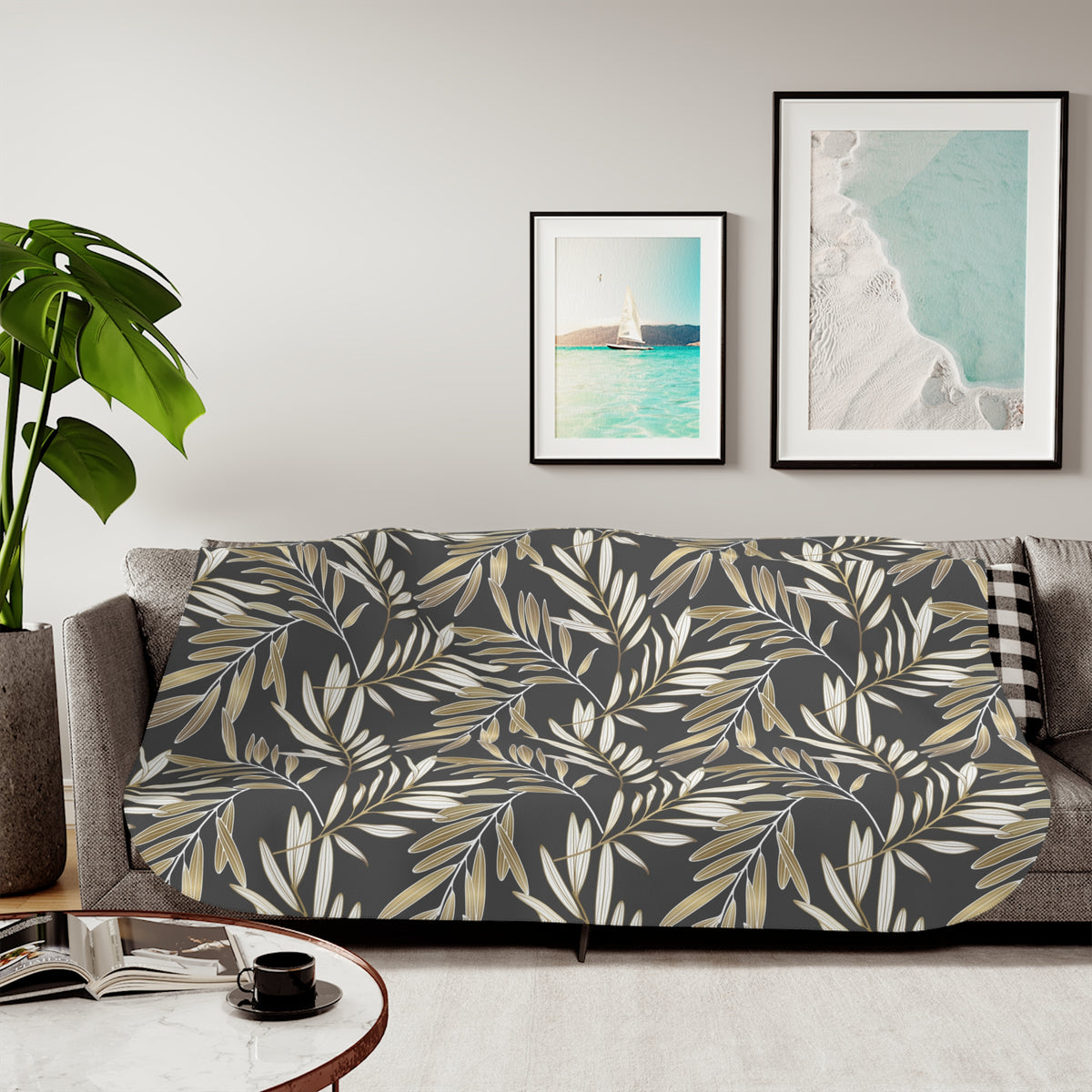 Charcoal Muted Gold Willow Leaf Sherpa Blanket | Elegant Throw