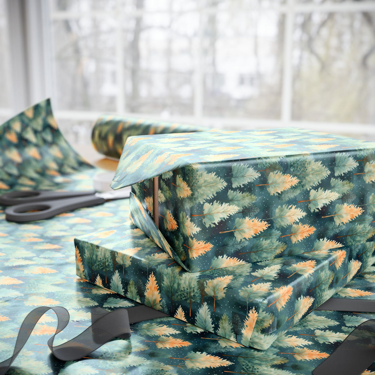 Teal Green Watercolor Forest Wrapping Paper, Gift Wrap
