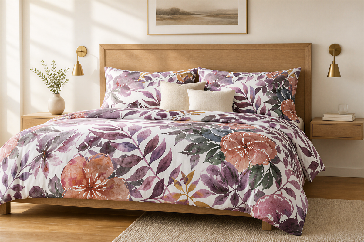 a bedroom with a large bed covered in a floral comforter and pillows. The bed is positioned against a wall with a painting above it. The room has a wooden headboard and nightstands on either side of the bed, with a vase of flowers on one of the nightstands. The overall decor has a warm and inviting atmosphere.
