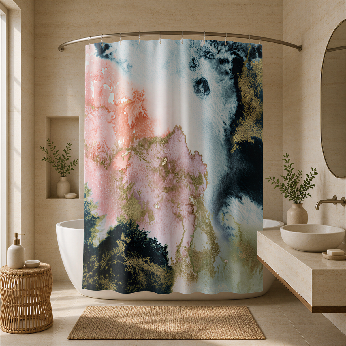a bathroom with a large, colorful abstract painting hanging on the wall above a bathtub. The painting has a mix of pink, blue, and green colors, creating a vibrant and lively atmosphere in the space.