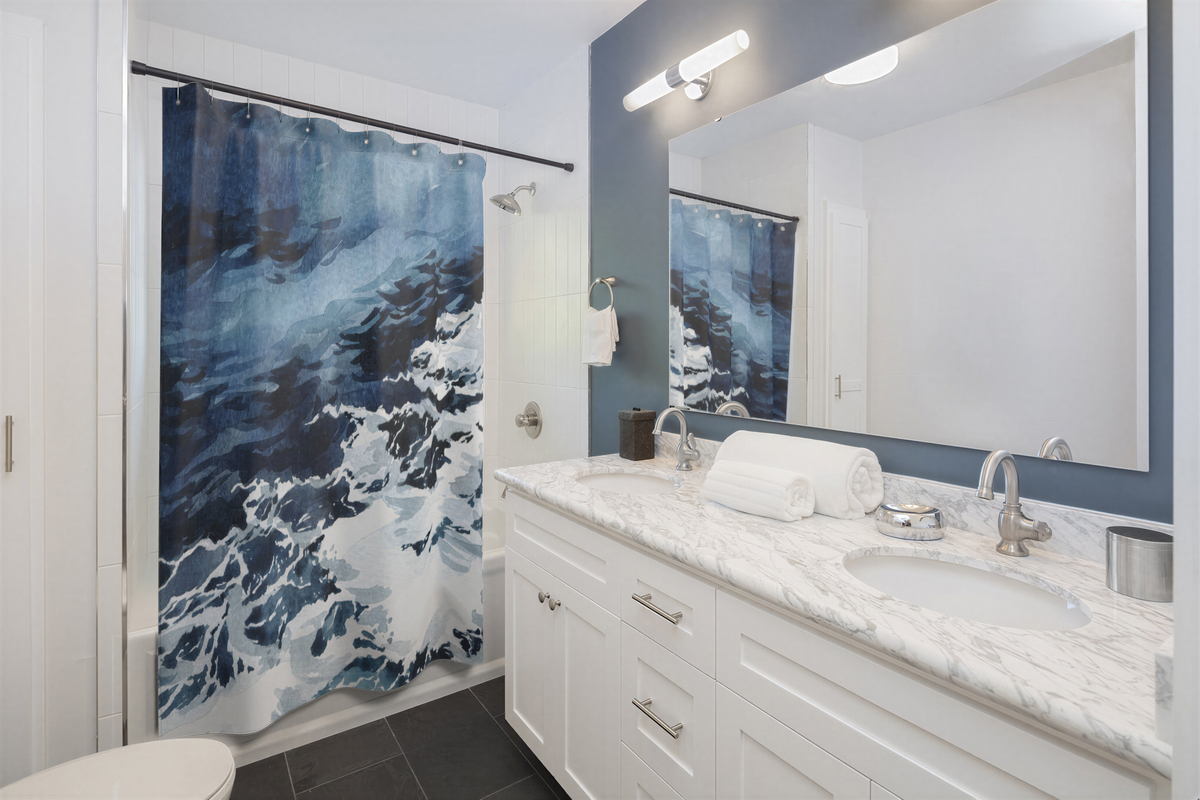 Ocean Waves Shower Curtain Navy Blue