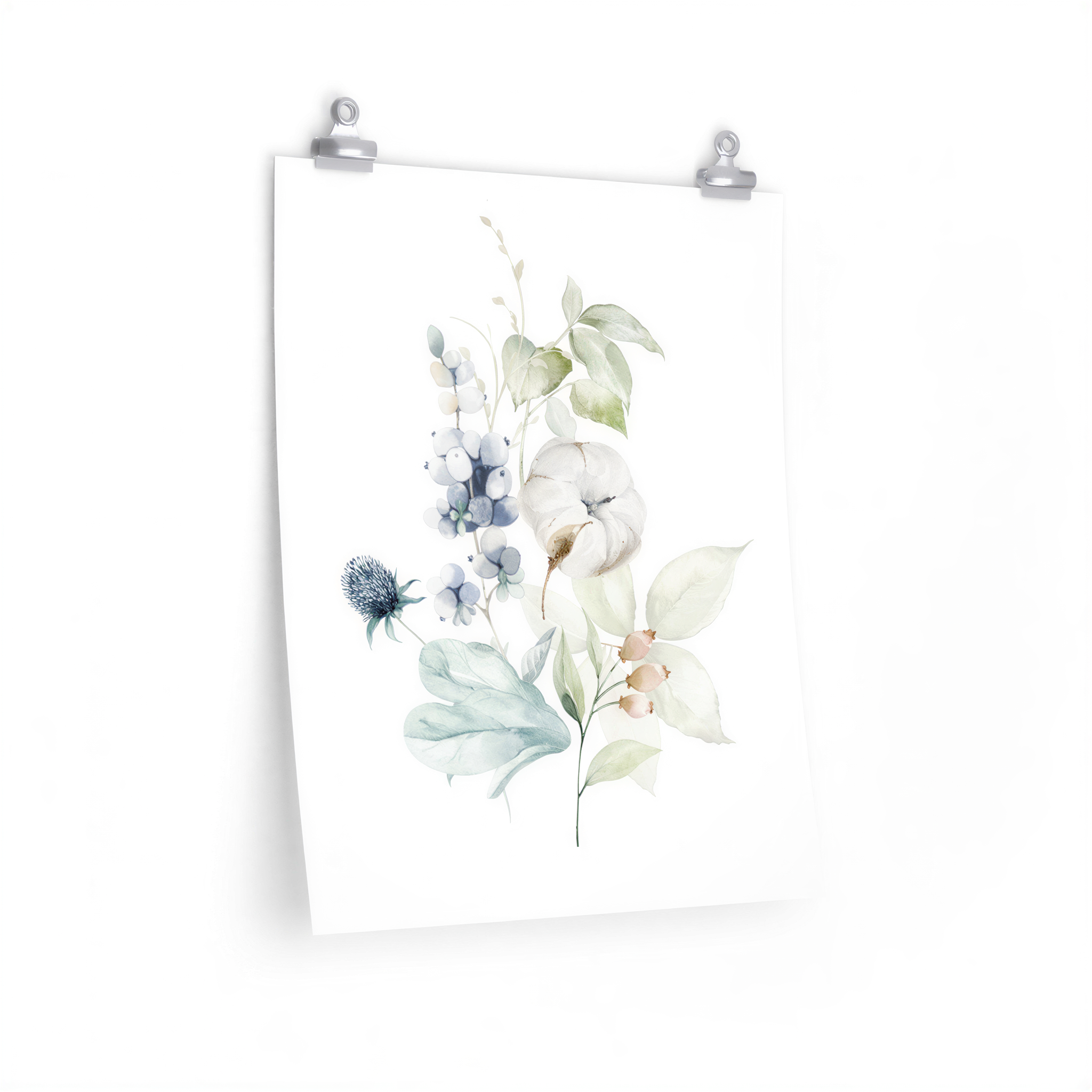 Eucalyptus Floral Art Print Green Blue White displayed in a styled living room