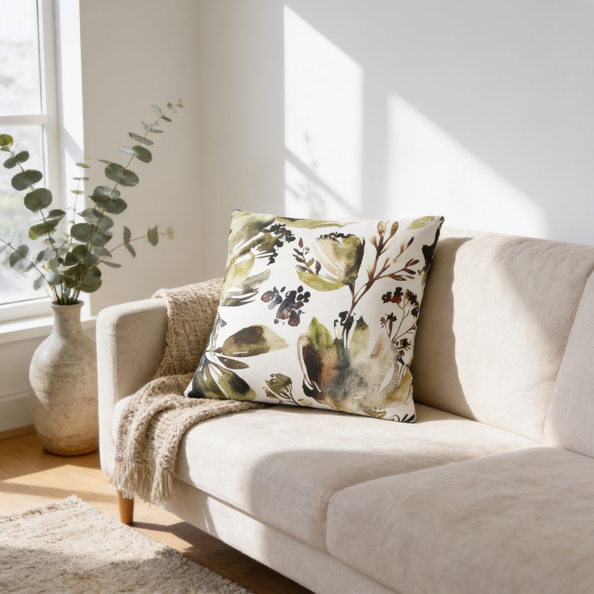 a cozy living room with a beige sofa adorned with a decorative throw blanket and a white pillow with a floral pattern. A large window allows natural light to fill the space, and a vase of greenery adds a touch of nature to the room.