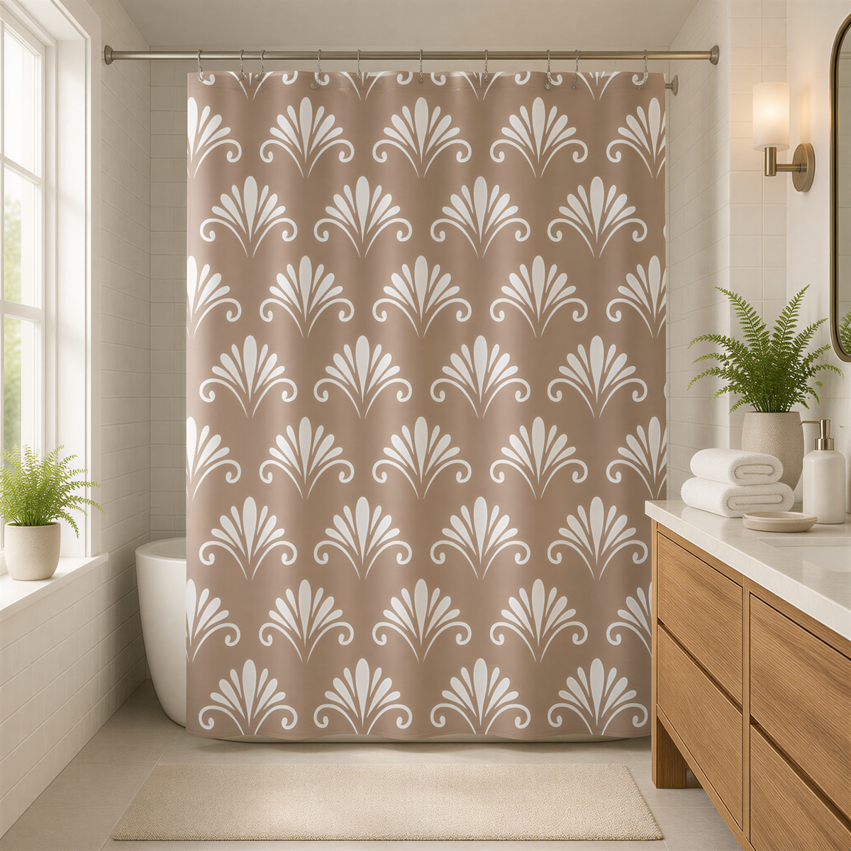 a bathroom with a shower curtain featuring a repeating pattern of white floral designs. The shower curtain is hanging from a rod, and there are two potted plants in the room, one on the left side and the other on the right side. The bathroom also includes a sink and a mirror, creating a functional and aesthetically pleasing space.