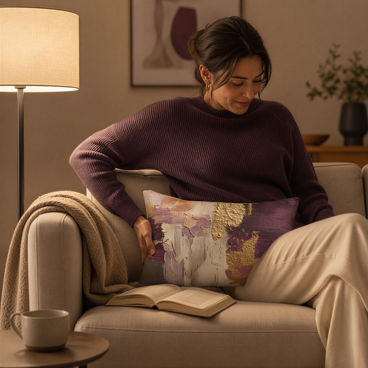 A woman sits comfortably on a couch, engrossed in reading a book. She is wearing a purple sweater and has a pillow with a colorful abstract design on her lap. A coffee cup is placed on a nearby table, and a lamp is visible in the background.