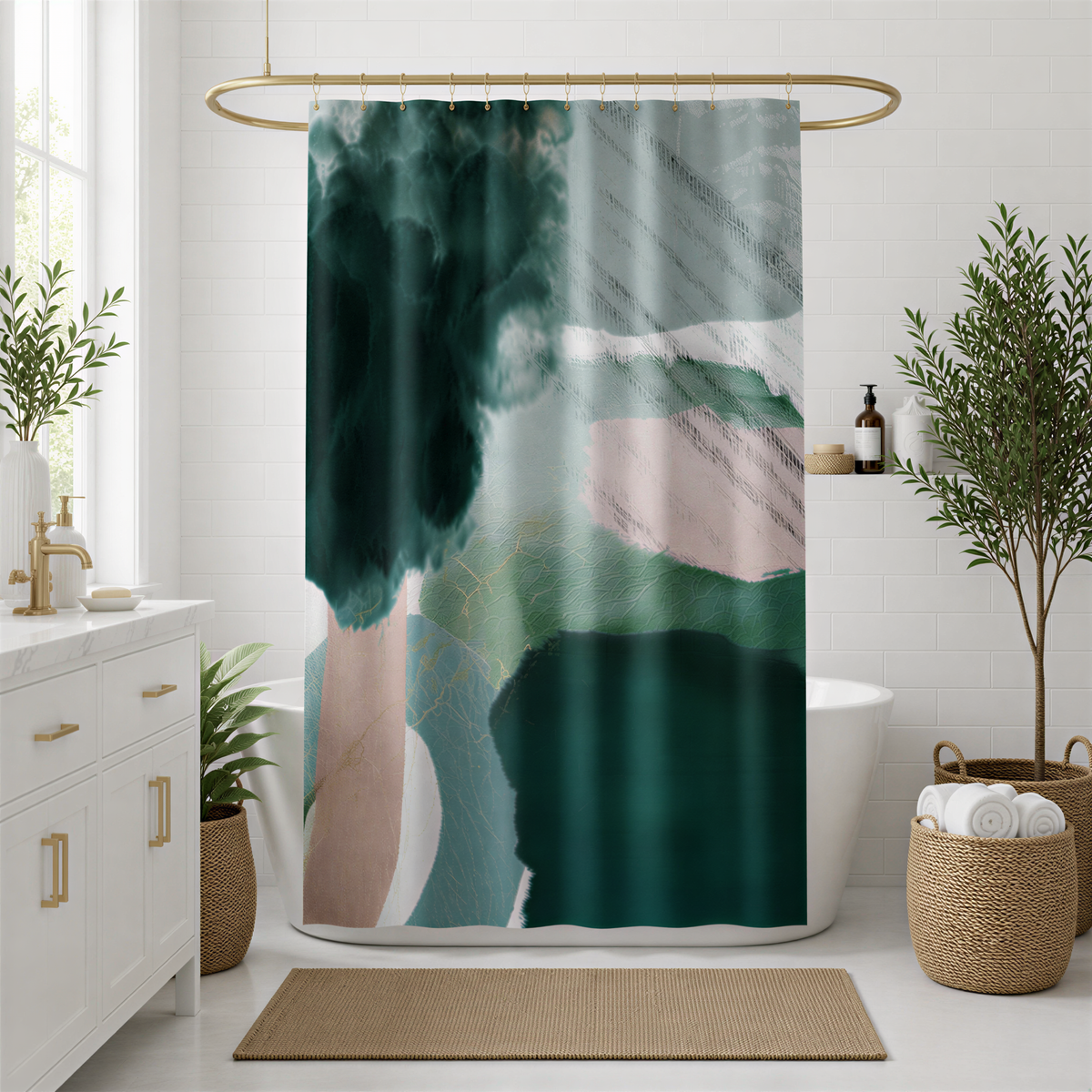 a bathroom with a large abstract green and pink shower curtain hanging from a gold rod. The bathroom is decorated with potted plants and a white sink, creating a serene and modern atmosphere.