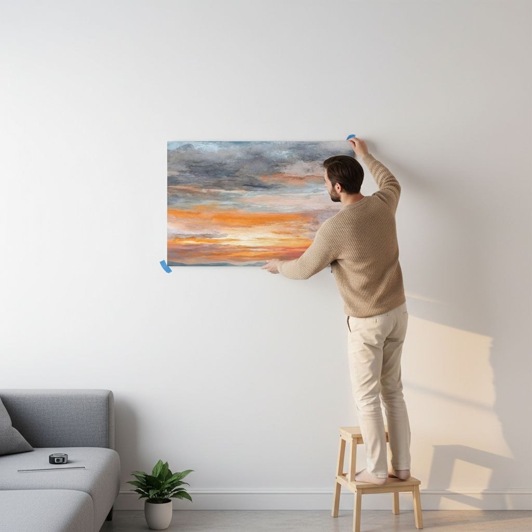 A man is standing on a stool and hanging a large painting on a white wall in a living room.