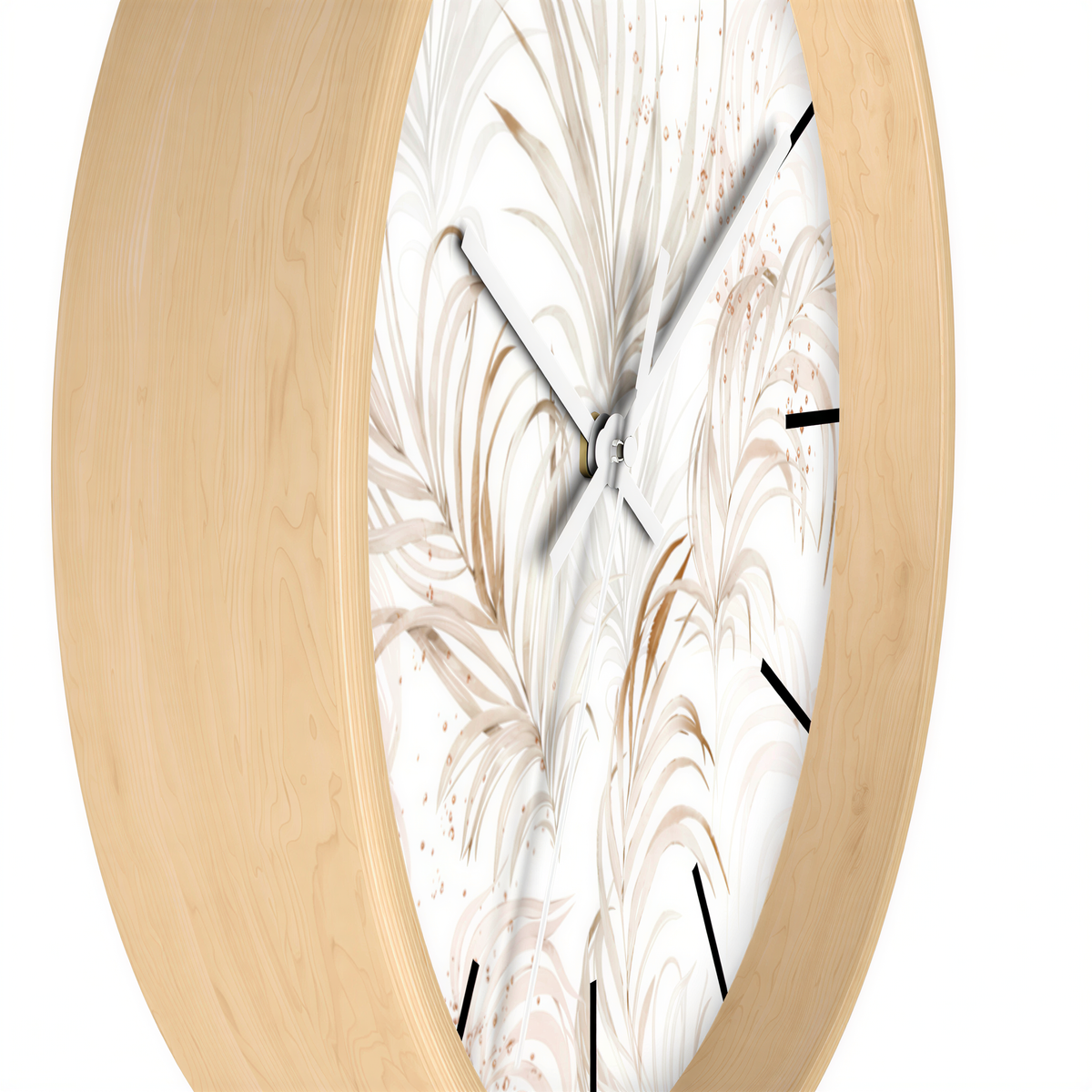 Floral Wood Wall Clock White Beige Leaves angled view