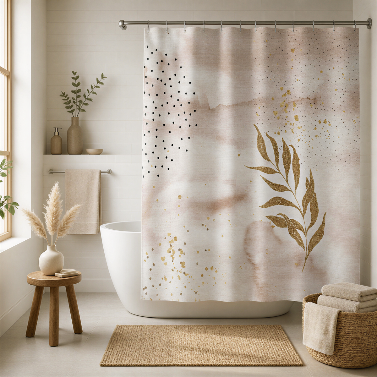 a bathroom with a shower curtain featuring a leaf design in gold and white. The bathroom is decorated with a wooden stool, a small table, and a vase with flowers. The overall color scheme is neutral, with a beige and white color palette.
