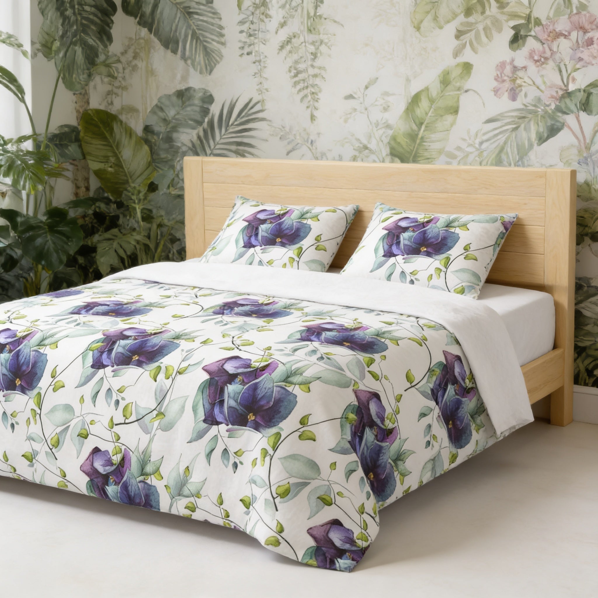 a bed with a white and purple floral comforter and matching pillows, set against a wall with a tropical plant mural.