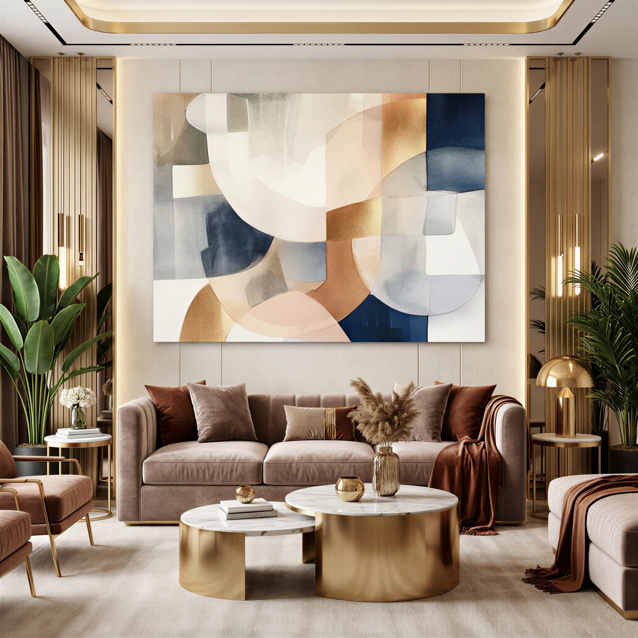 a luxurious living room with a large abstract painting on the wall, a plush sofa, a round coffee table, and various decorative elements such as potted plants and vases.