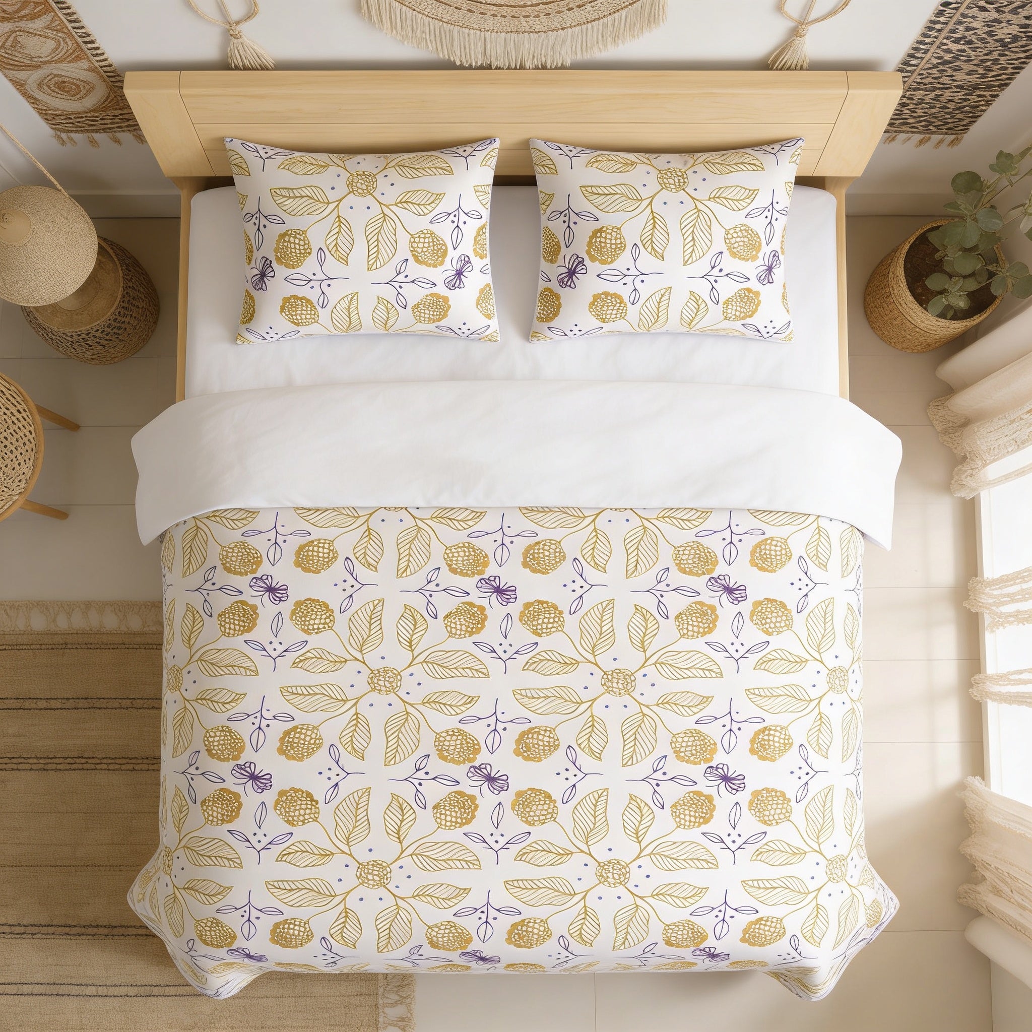 a neatly made bed with a white comforter and pillows, featuring a patterned design in shades of yellow and purple. The bed is positioned against a wall with a window, and there are some decorative elements in the room, such as a woven basket and a potted plant.