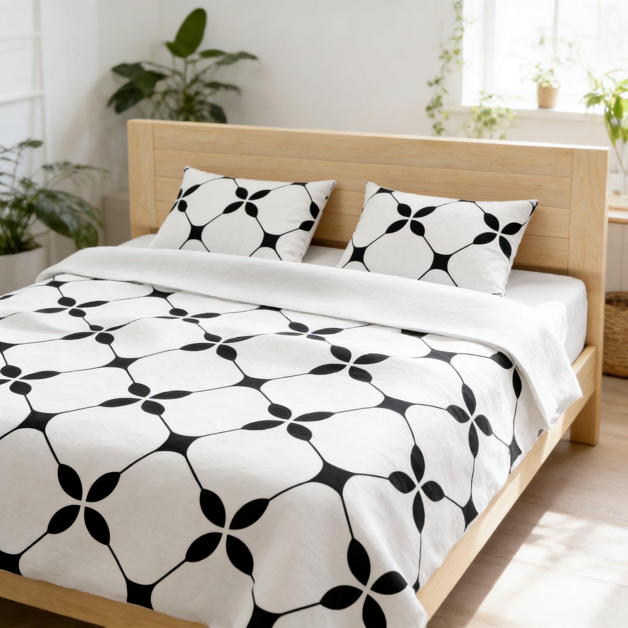a modern bedroom with a wooden bed frame and a black and white patterned comforter. The bed is positioned against a wall with a window, and there are potted plants and a plant in a pot on the windowsill.