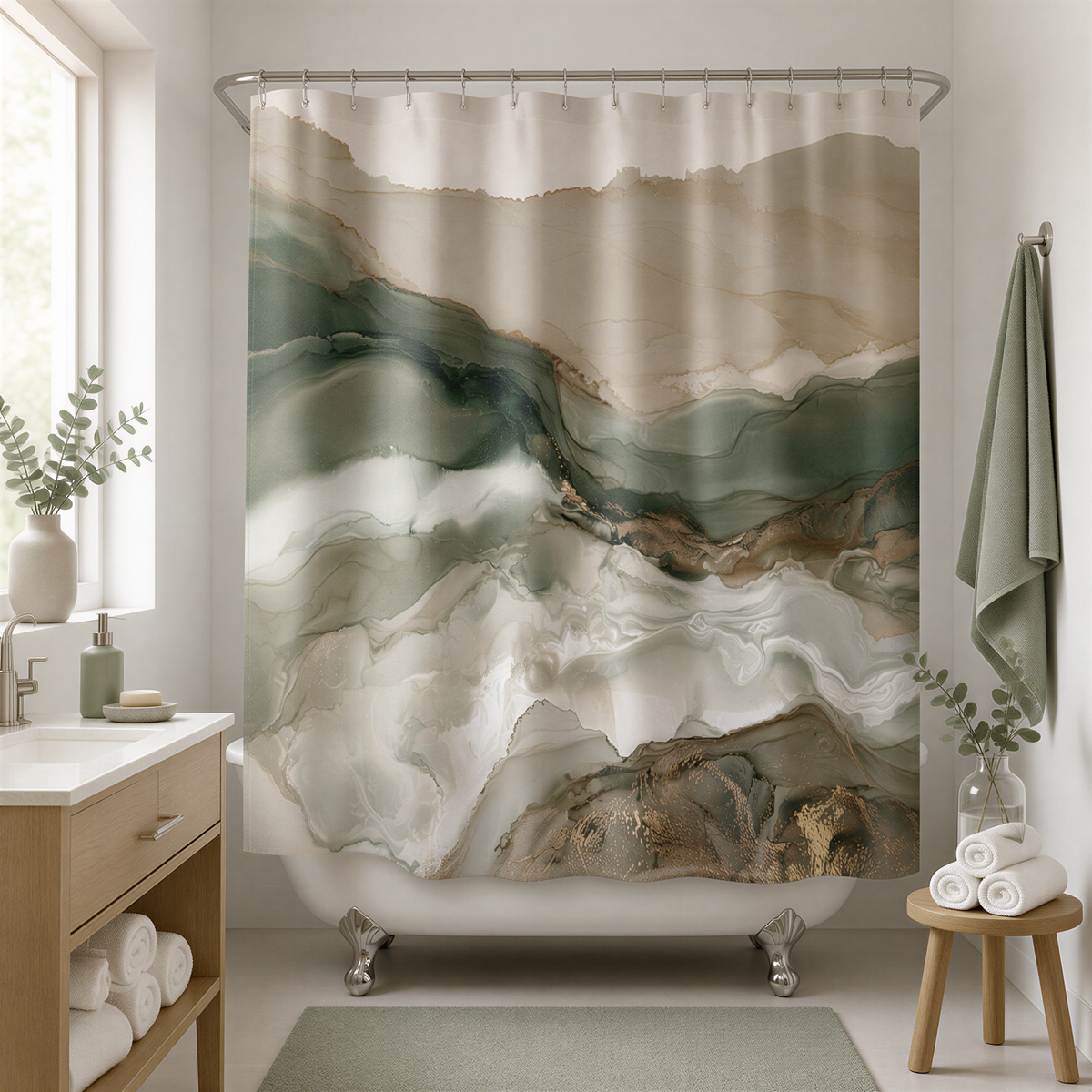 a bathroom with a large, abstract green and brown marble-like shower curtain hanging above a white bathtub. The bathroom also features a wooden vanity, a small table with a vase, and a potted plant.